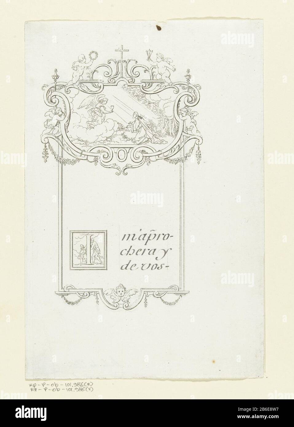 Buchillustration mit Passionsdarstellung Buchillustrationen (Serientitel) In Kartusche oben am Engel erscheinen mit einem Kelch Christi. Unten links der Buchstabe I in einem quadratischen Oblijsting. Hersteller: Zu entwerfen: Sébastien Leclerc (I) (möglich) Druckmaschine: Anonymer Herausgeber: Anonymer Termin: CA. 1647 - ca. 1714 Material: Papiertechnik: Ätzmaße: Blatt: H 219 mm × W 146 mm Stockfoto