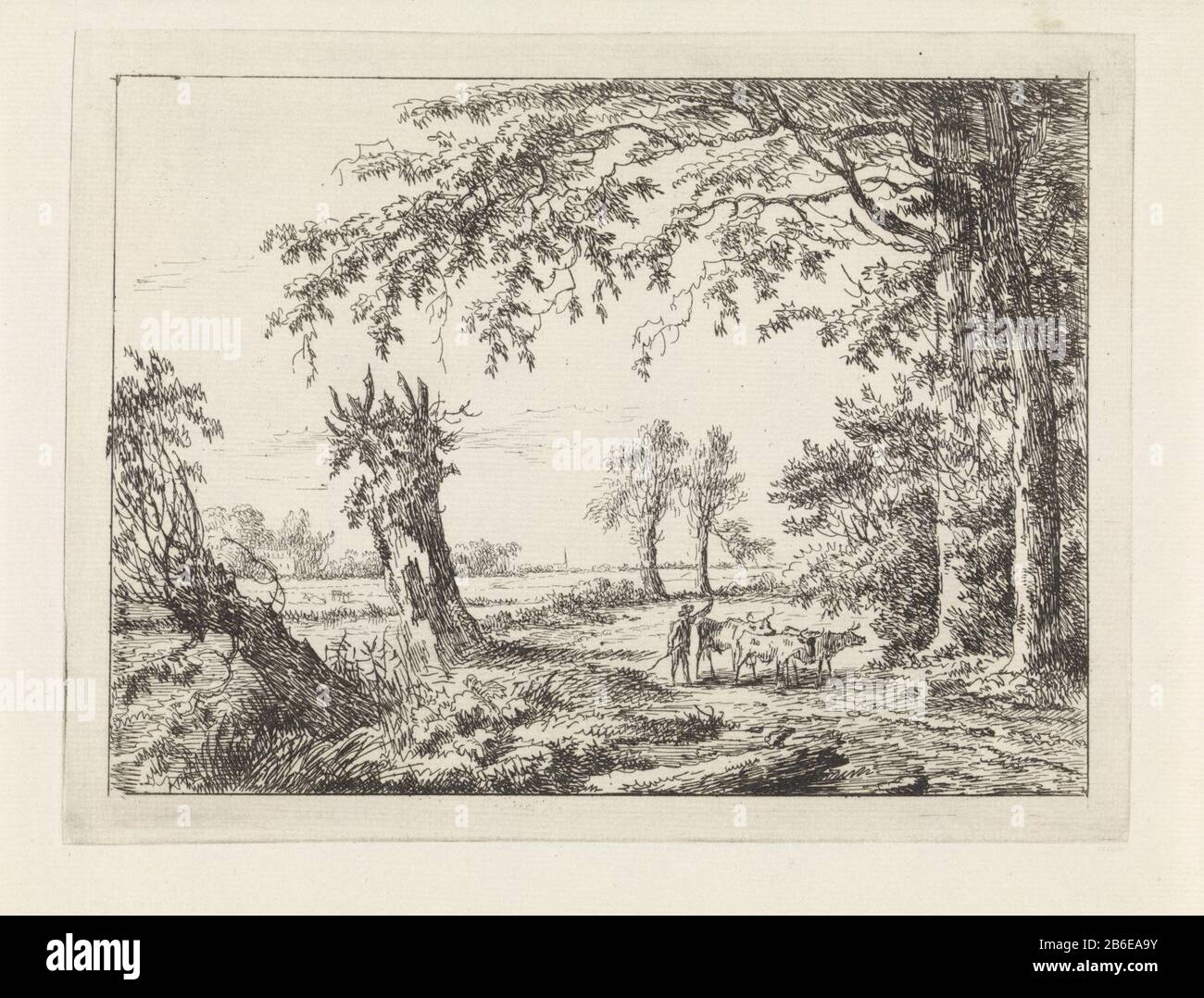 Boer mit Kühen auf einer Straßenlandschaft (Serie C) (Serientitel) auf einer Straße mit Bäumen auf beiden Seiten, ein Bauer dri drei Kühe. Auf der linken Seite befindet sich ein Schlitz. Hersteller: Druckmaschine: Gerard van Nijmegen Ort Herstellung: Rotterdam Datum: 1704 Physikalische Merkmale: Ätzung; Proofing Material: Papiertechnik: Ätzmaße: Plattenkante: H 151 mm × W 198 mm Betreff: DRI-Rind, Viehtränke Stockfoto
