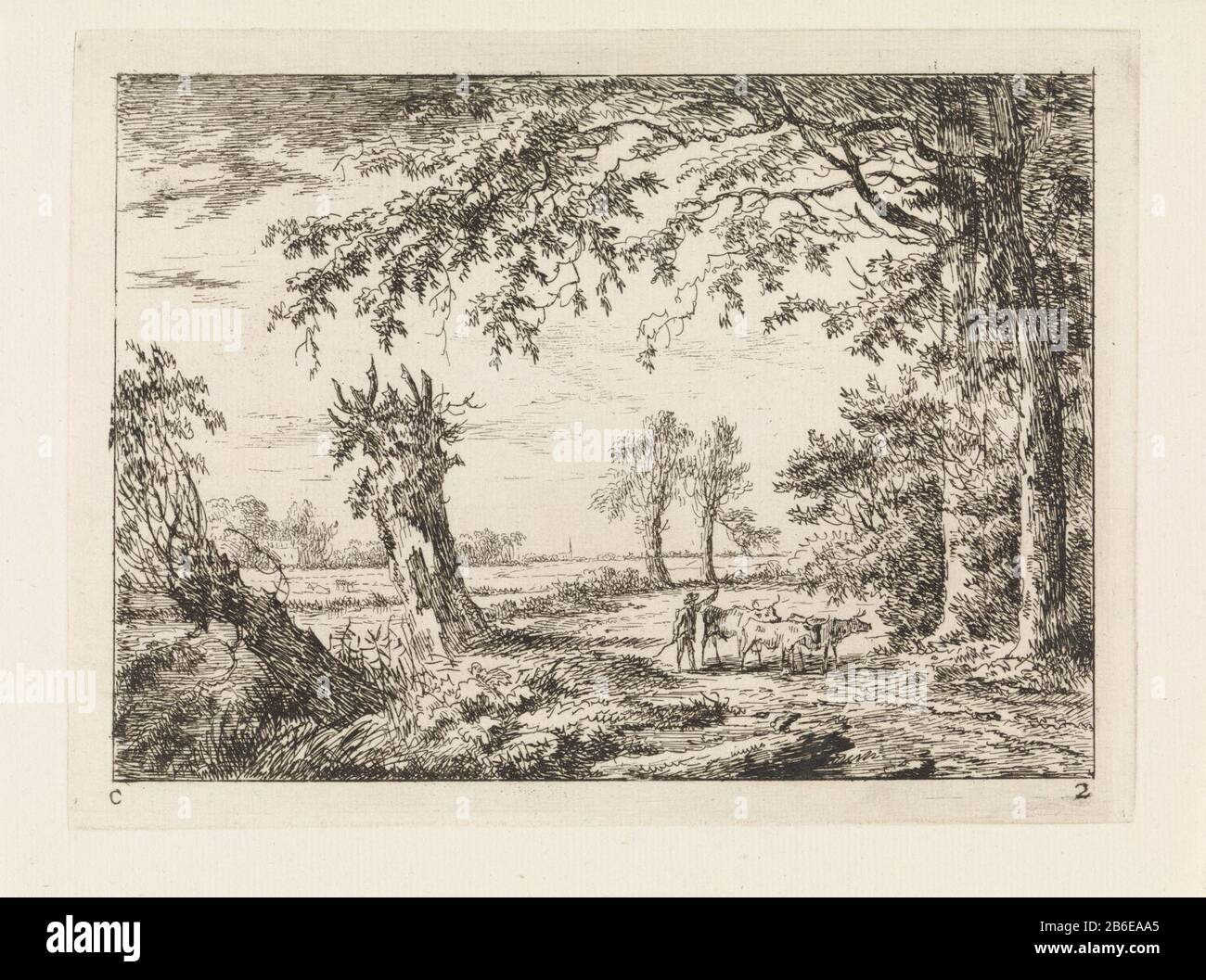 Boer mit Kühen auf einer Straßenlandschaft (Serie C) (Serientitel) auf einer Straße mit Bäumen auf beiden Seiten, ein Bauer dri drei Kühe. Auf der linken Seite befindet sich ein Graben. Unten links: C. Hersteller : Druckmaschine: Gerard von Nijmegen Ort Herstellung: Rotterdam Datum: 174 Physikalische Eigenschaften: Ätzmaterial: Papiertechnik: Ätzmaße: Plattenkante: H 149 mm × W 200 mm Betreff: Rinderdri, Viehtränke Stockfoto