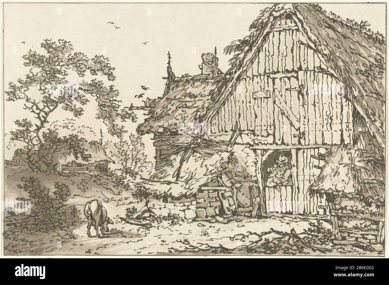 Boerderij traf twee mensen in de deurotifing Zwölf Designs, Die Für Den Gebrauch von denen berechnet wurden, die lernen, Landschaft (serietitel) Farm mit einem Mann und einer Frau in der Tür zu zeichnen. Im Hof ein Varken. Hersteller : Druckerhersteller Hendrik Meijer Druckautor: Timothy SheldrakePlaats Herstellung: London Datum: 1789 - 1793 Physische Merkmale: Radierung; Aqua braune Tönung im Material: Papiertechnik: Radierung / Aqua Farbton / Farbdruck Format: Blatt: 203 mm × H 306 b mm Betreff: Geteilt durch, öffnete der obere Teil den Hof (Gebäude-)Schwein Stockfoto