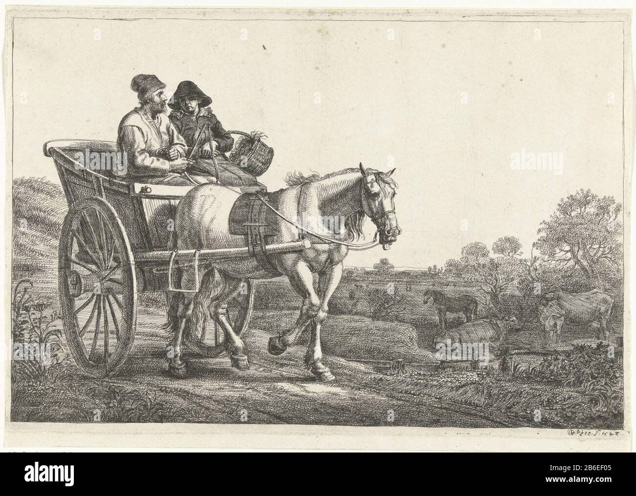 Bauernpaar auf einem offenen Rad EIN Bauer und ein Bauer dri ein offenes Zweirad mit einer Spannweite. Hersteller : Druckerhersteller Gerrit Bleker (Listed Property) Ort Herstellung: Haarlem dating: 1643 Physikalische Merkmale: Ätzmaterial: Papiertechnik: Ätzmaße: Plattenkante: H 205 mm × W 305 mm Betreff: Zweiradfahrzeug von einem Tier gezeichnet Stockfoto