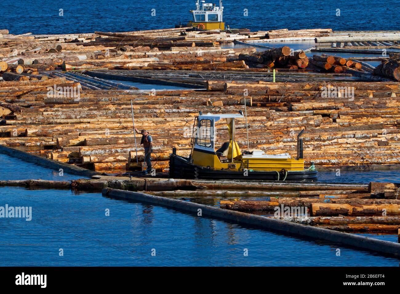 Boomboote, die mit Blockbooms in der Nähe von Harmac Pacific Pulp Mill, Nanaimo, Vancouver Island, BC, Kanada arbeiten Stockfoto