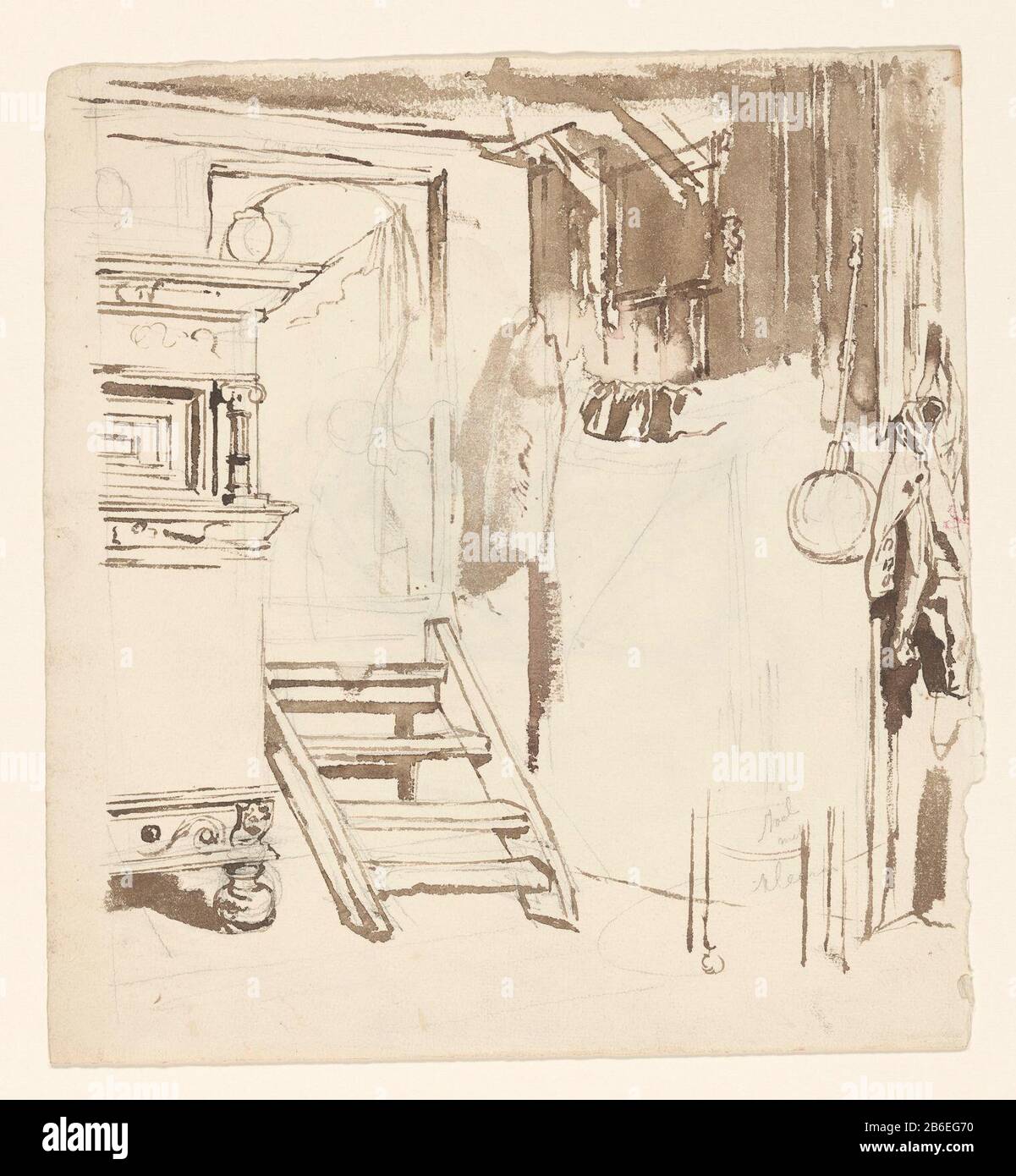 Boereninterieur Boer Interior Objekttyp: Zeichnung Objektnummer: RP-T-1907-48 (R) Herstellung Vervaardiger: Zeichner: August Allebé dating: 1848 - 1927 Physikalische Merkmale: Bürste in Braun, Bleistift-Material: Papierbleistift-Technik: Pinselmaße: H 308 mm × b mm Betreff 283: Bauernhof (Gebäude), Kücheninnenraum Stockfoto