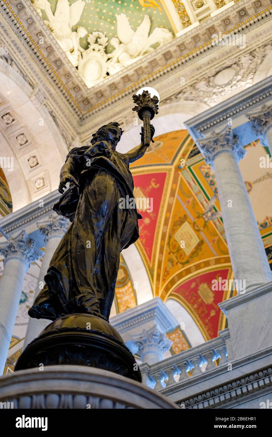 Library of Congress Great Hall Statue and Ceiling, Washington, DC, USA. Stockfoto