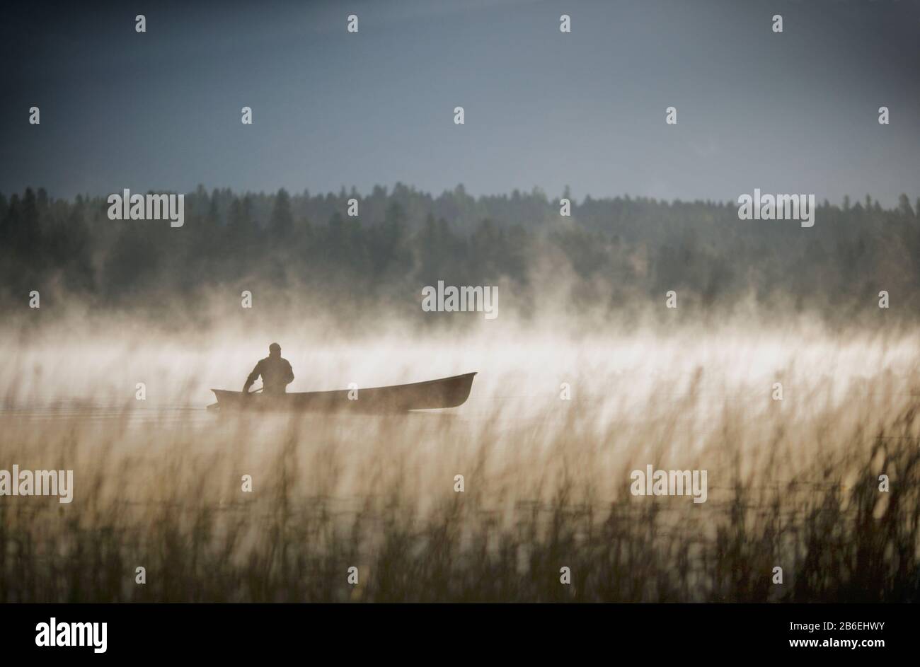 Mann im Kanu auf einem nebligen See Stockfoto