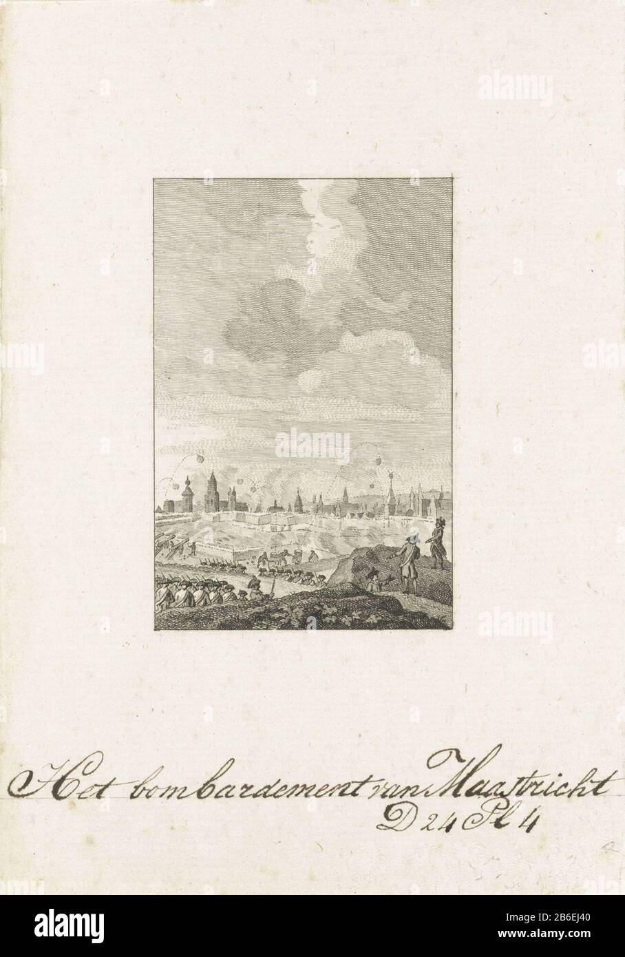 Bombardement von Maastricht, die Bombardierung Maastrichts durch die französische Armee durch das Jahr 1710, am 24. Februar des Jahres 1710. Mit Beschriftung in handschrift. Hersteller: Druckhersteller: Cornelis Bogert im Zeichnen: Jacobus Kauft Platzanfertigung: Nordholländer Datum: 1790-95 Physikalische Eigenschaften: Ätzung und Engras, Testdruck vor dem Briefmaterial: Papiertechnik: Ätzung / Engra (Druckverfahren) Maße: Blatt: H 165 mm × W 115 mmToelichtingGebruikt als Illustration in: J. Fokke, Geschichte der Vereinigten Niederlande für die Jugend des Landes, Johannes Allart, Amsterdam 1783 bis 95, 25 Teile, V Stockfoto