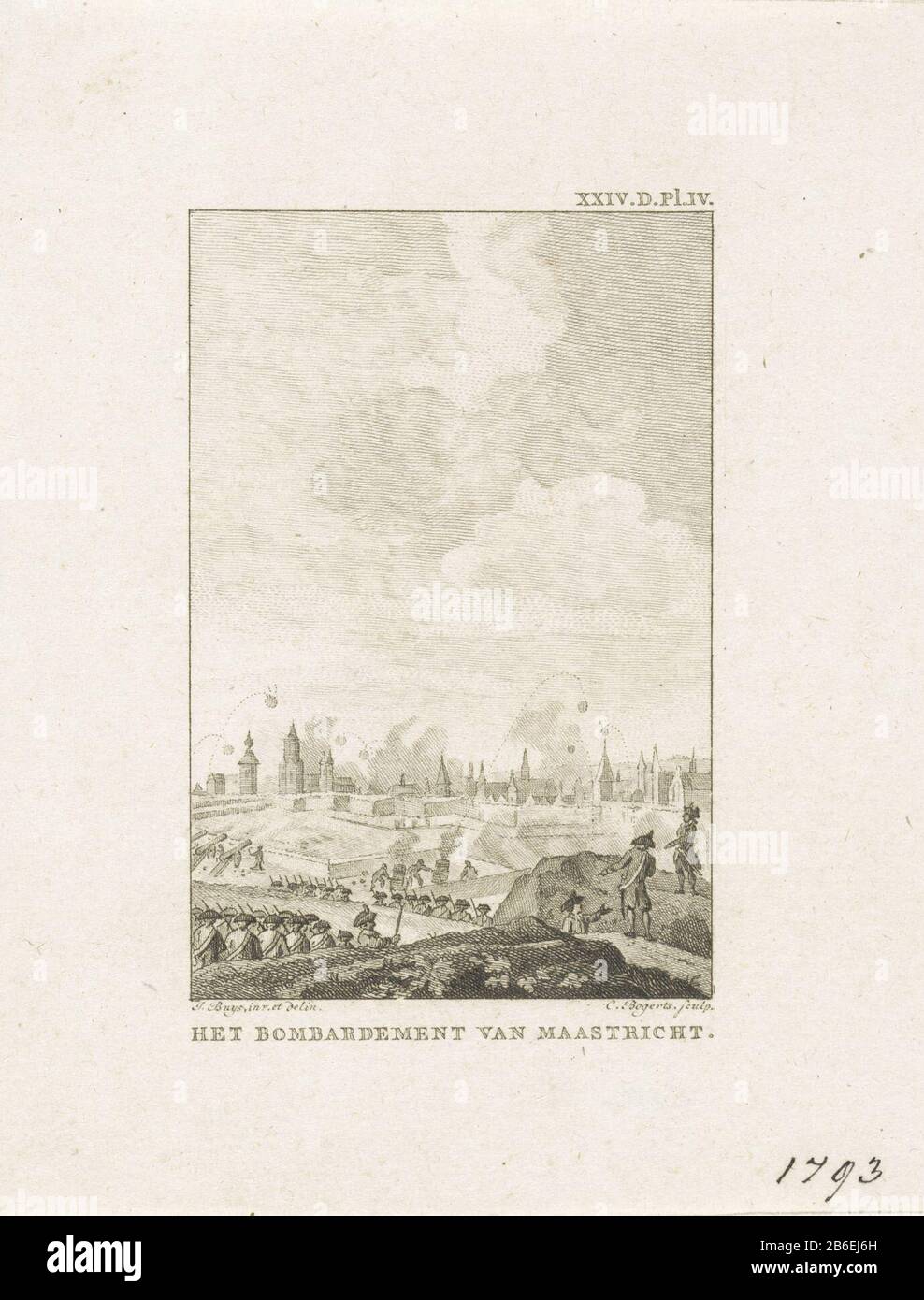 Bombardement von Maastricht, das Bombardement von Maastricht (Titel-Objekt) Von Maastricht durch die französische Armee, am 24. Februar des Jahres 1793. Unterschrift oben rechts: XXIV.D.Pl.IV Hersteller: Druckhersteller: Cornelis Bogerts (auf Objekt angegeben) zur Zeichnung von: Jacobus Kauft (auf Objekt angegeben) Herstellung: Nordniederland Datum: 1790-95 Physikalische Eigenschaften: Ätzungs- und Engra-Material: Papiertechnik: Ätzung/Engra-Messungen (Druckverfahren): Blatt: H 128 mm × b 98 mmToelichtingGebruikt als Illustration in: J. Fokke, Historien der Vereinigten Niederlande für die PA Stockfoto