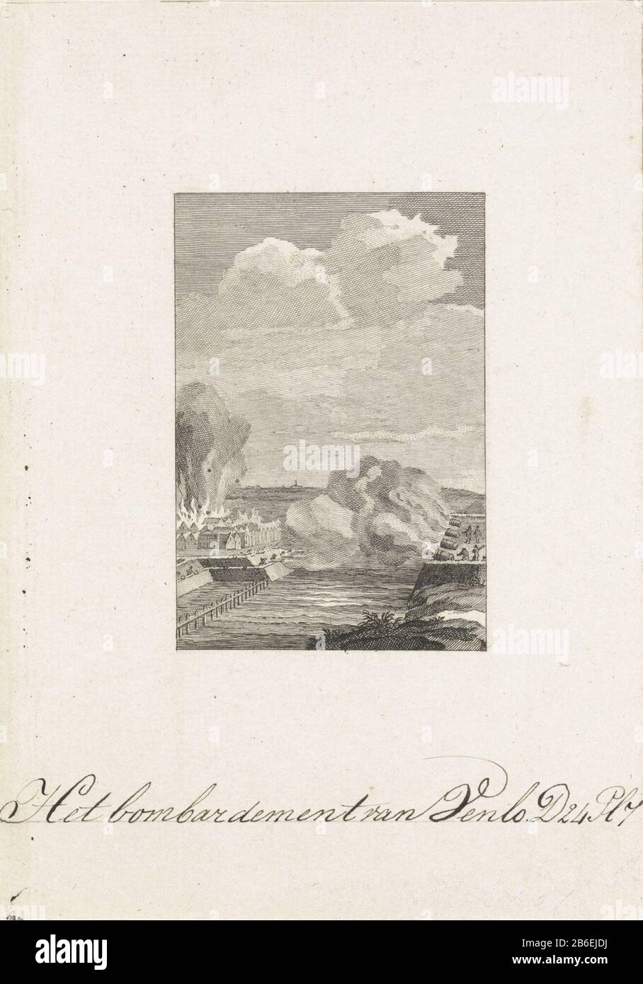 Bombardierung von Venlo, Bombardierung von Venlo durch die französische Armee von 17-20 Februar von 17-22. Mit handgeschriebener Schrift. Hersteller : Druckhersteller: Cornelis Bogert im Zeichnen: Jacobus Kauft Eine Stelle Herstellung: Nordholländer Datum: 1790-95 Physikalische Eigenschaften: Ätzung und Engras, Testdruck vor dem Briefmaterial: Papiertechnik: Ätzung / Engras (Druckverfahren) Maße: Blatt: H 164 mm × W 115 mmToelichtGebruikt als Illustration in: J. Fokke, Geschichten der Vereinigten Niederlande für die Jugend des Landes, Johannes Allart, Amsterdam 1783 bis 95, 25 Teile, Bd. Stockfoto