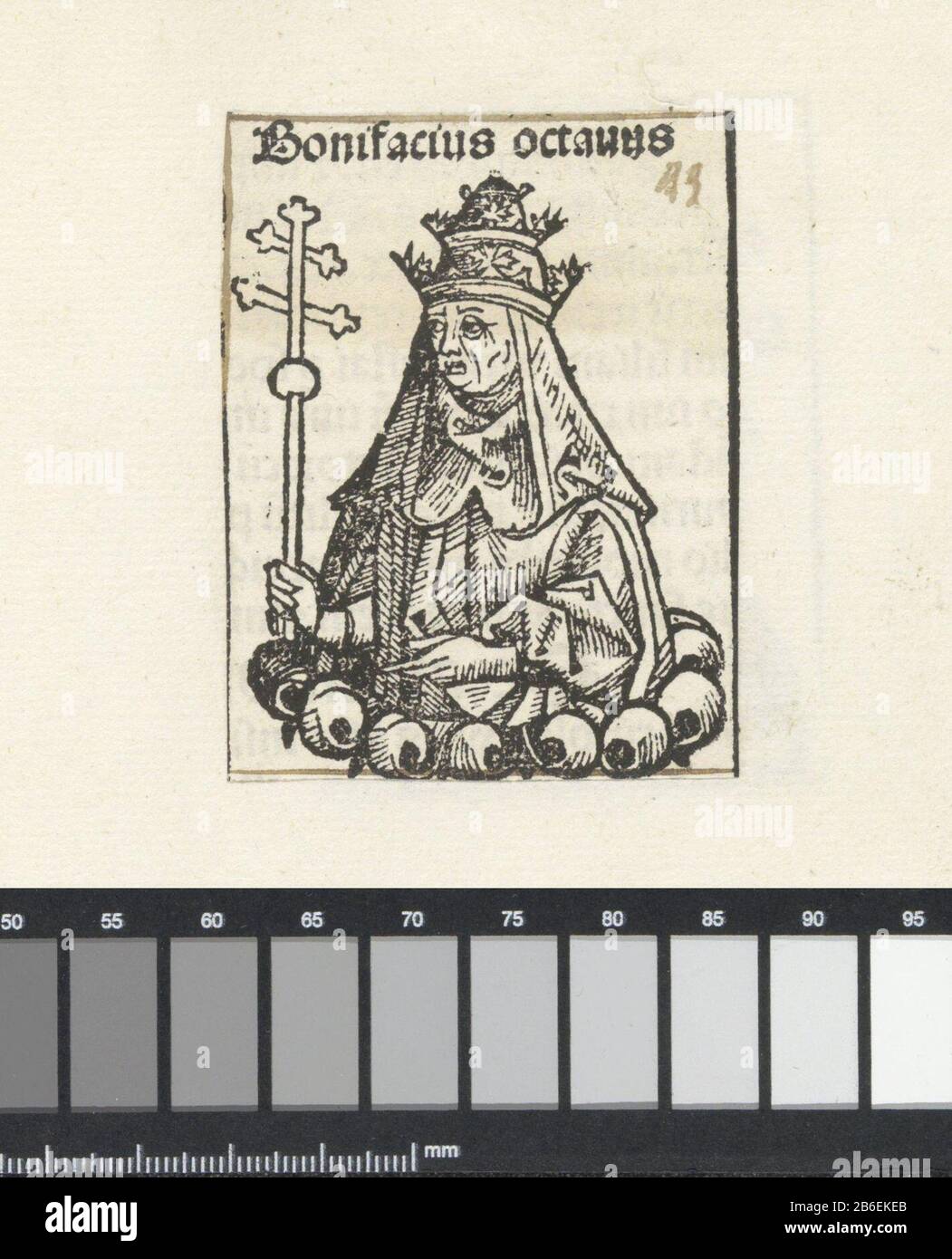8, Bonifatius Bonifatius VIII (titel op object) The Chronicarum (serietitel) Een bloemkelk met een paus. Hij draagt een tiara en heeft een staf met een dubbel kruis in zijn handen. De voorstelling ist onderdeel van de opeenvolging pausen in de Liber Chronicarum. De tekst identificeert de man als Bonifatius VIII De prent maakt deel uit van een Album. Hersteller : Hersteller: Michel Wolgemut (Atelier van)prentmaker: Wilhelm Pleydenwurff (Atelier van)Plaats Herstellung: Neurenberg dating: 1493 Physical kenmerken: Houtsnede geplact op Albumblad; tekst in boekdrauk; verso traf Tekst in Boekdrauk Materia Stockfoto