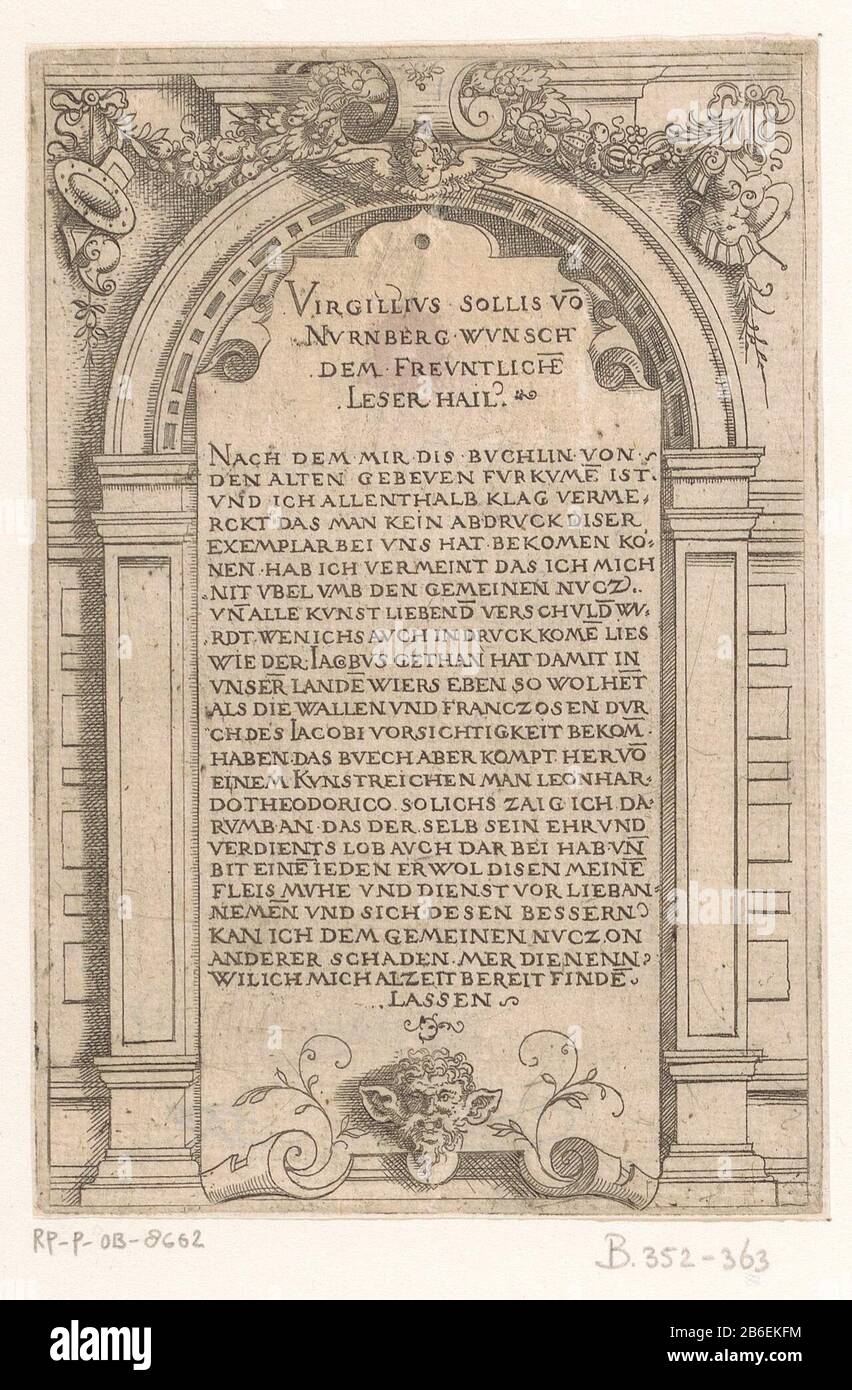 Bogen mit Mitteilung der prentmakerRuïneuze-Strukturen (Serientitel) Objekttyp: Drucktitel Bild Artikelnummer: RP-P-ob-8662Katalogisreferenz: Hollstein Deutsch 355 Aufschriften / Marken: Sammlermarke, Verso, gestempelt: Lugt 2228Zahl, Verso, handschriftlich in brauner Tinte, '148' Hersteller: Druckmaschine: Virgil Solis (auf Objekt angegeben) Herstellungsdatum: Nürnberg: Nürnberg 1.50-1562 Material: Papiertechnik: ENGRAA (Druckverfahren) / Ech- / Plattentonmessungen: Plattenkante: H 152 mm × W 103 mmToelichtingTitelbild einer Serie, die zusätzlich zum Titelbild aus TW besteht Stockfoto