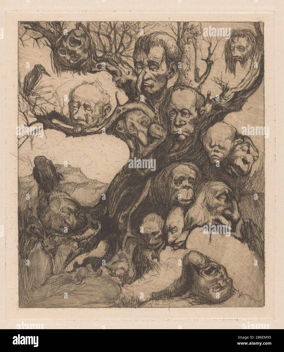 Baum mit fantastischen Köpfen EIN Baum wächst ein Sammlungsgeist und Fantasiewesen. Einige Köpfe haben die Augen geöffnet, einige nicht. Links zwei Vögel, eines auf einem Ast, eines auf einem Hufd. Hersteller : Druckmaschine: Johannes Joseph Aart Datum: 1881 - 1934 Physikalische Eigenschaften: Radierung, Roulette und Plattentonmaterial: Papiertechnik: Radierung / Roulette / Plattentonmessungen: Plattenkante: H 244 mm × W 214 mm Betreff: Surreale Phänomene und Darstellung fabelhafter Baumkopf (Mensch) Stockfoto