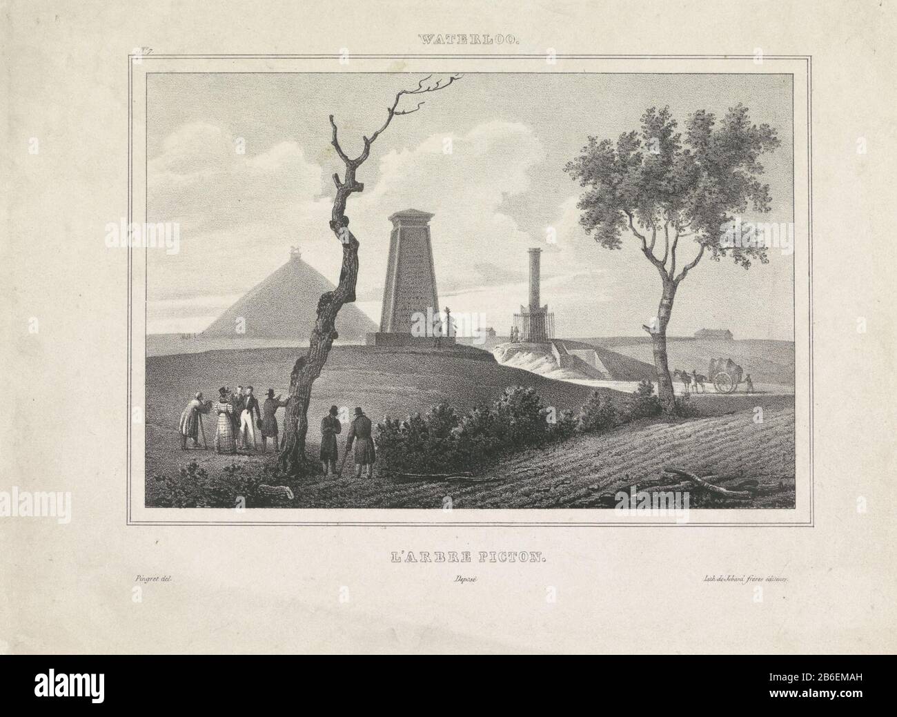 Baum Picton Waterloo L'arbre Picton (Titelobjekt) Blick über das Schlachtfeld von Waterloo mit Denkmälern vor den Besuchern am "Baum von Picton", "der Baum, An Dem der britische General Sir Thomas Picton während der Schlacht starb, 18. Juni 1815. Die Entfernung der Pyramide. Oben links nummeriert: Nr. 7. Hersteller: Druckmaschine: Edouard Henri Théophile Pingret (denkmalgeschütztes Gebäude) Herausgeber: Jobard Frères (denkmalgeschütztes Eigentum) Herstellung: Frankreich Datum: 1830 - 1850 Physikalische Merkmale: Lithographisches Material: Papiertechnik: Lithographie (Technik) Abmessungen: Blatt: H 205 mm b × 280 mmToelichtingNiet in Frede Stockfoto