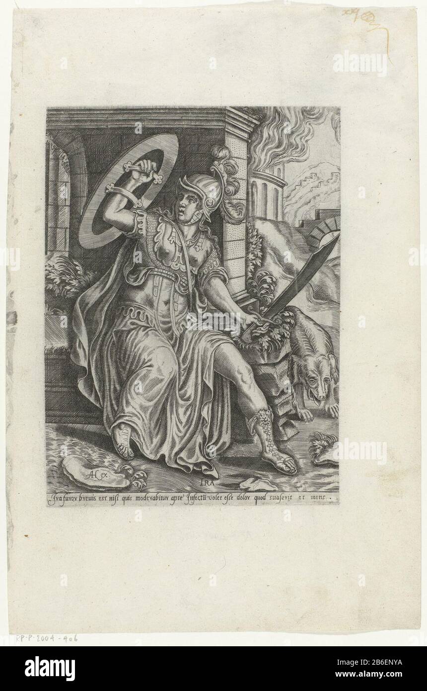 Anger Ira (Titelobjekt) Laster (Serientitel) Personifikation von Fury in Gestalt einer Frau in Rüstung. Sie hat einen Helm auf dem Kopf und ein Schwert in der linken Hand. In der rechten Hand hat sie einen Schild. Sie sitzt in einer Landschaft eines alten Gebäudes. Im Hintergrund steht ein Gebäude in Brand. Rechter Hund. Am Rand eine einzeilige Beschriftung in Latijn. Hersteller: Druckmaschine: Anonymer Herausgeber: Frans Floris (I) (möglich) Herausgeber: Adriaen Huybrechts (I) (denkmalgeschütztes Gebäude) Ort Herstellung: Druckmaschine: Niederlande Herausgeber: Antwerpen Datum: 1575 Physische Merkmale: Fahrzeugmaterial: Papiertechnik: Enna (pr Stockfoto