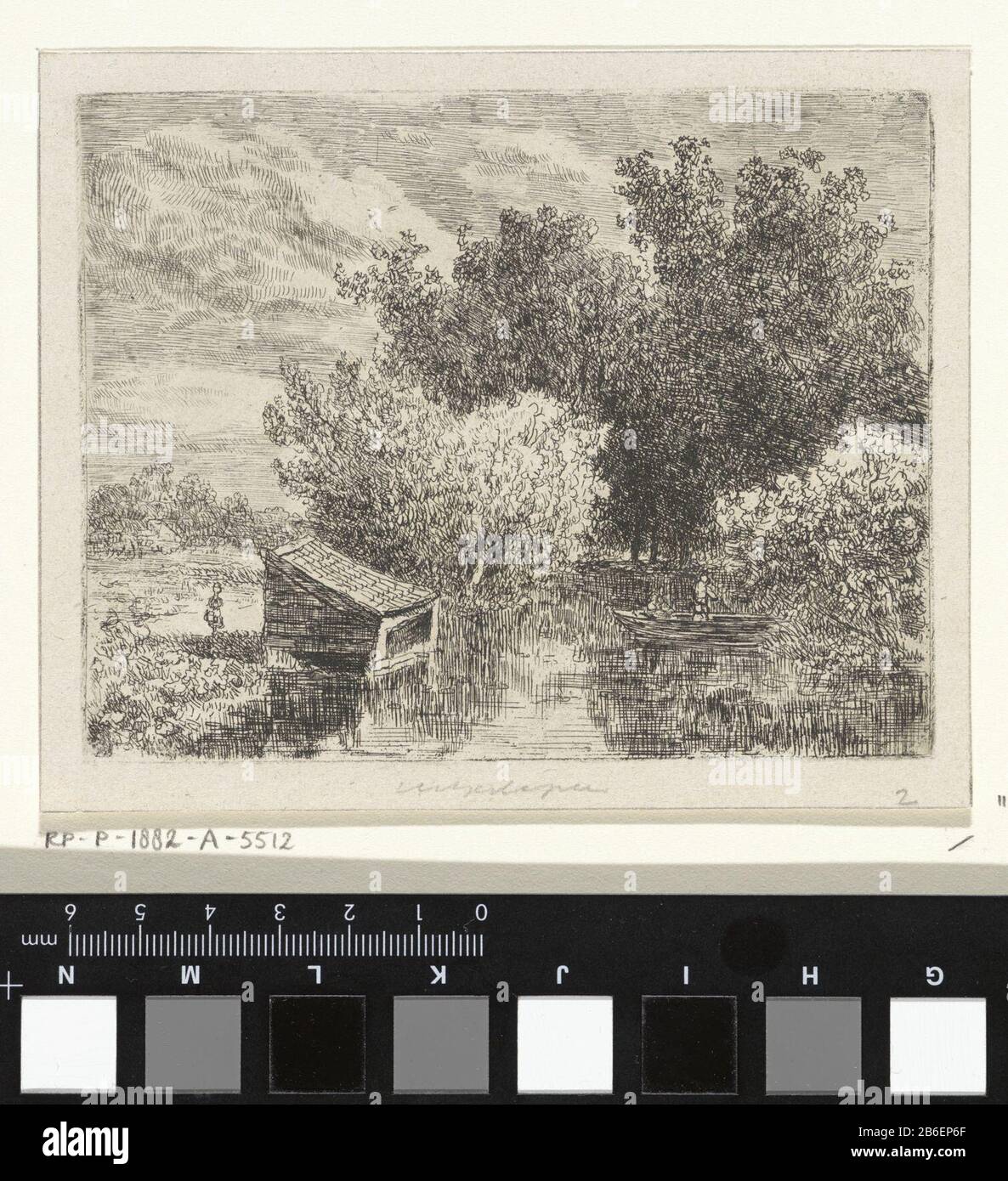 Boathouse an einem Fluss Verbindet een boothuis aan een rivier. OP de rivier twee figuren in een roeiboot. Een derde figuur staat achter het boothuis. Hersteller : Hersteller: Anoniemnaar Mieter van: Johannes Pieter van WisselinghPlaats Herstellung: Nederland dating: 1830 - 1882 Physische Kenmerken: ETS Material: Papier Techniek: Etsen Abmessungen: Plaatrand: H 97 mm × b 122 mm Betreff: Flussboot-Haus, Schieder-Boot, Kanu usw. Stockfoto