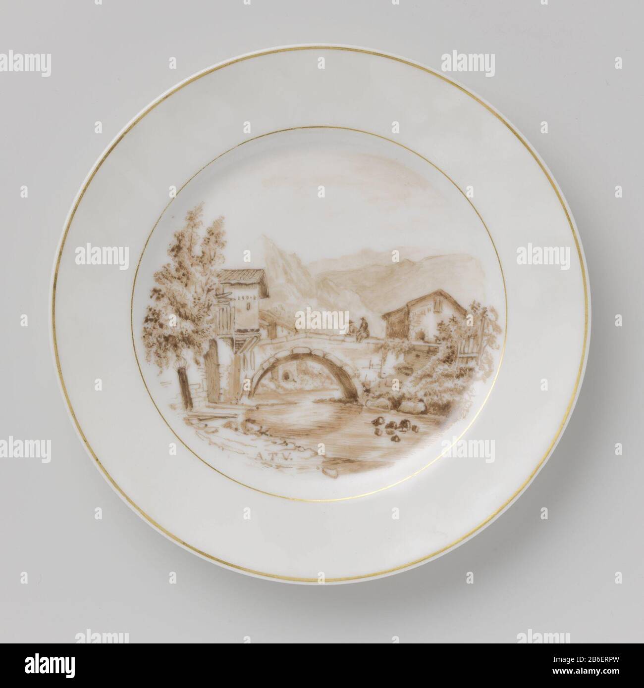 Platte mit Landschaftsbild Bord van porselein, beschilderd op het glazuur in sepia en goud. OP het plat een landschap met twee mensen op een burg in een dorp. Goulden Rand. Een proen op de onderzijde. Gemerkt in de voorstelling traf A.T.V. Hersteller : porseleinfabriek: Anoniempseleinfabriek: A.T. VaillantPlaats Herstellung: Europa dating: CA. 1850 - ca. 1860 Physikalische Kenner: Porselein met emailkleuren en verguldsel Material: Porselein glazuur email goud Techniek: Draaiend bewerken / vormen / schildern / emailleren / vergulden / bakken / glanzuren Maße: H 2,4 cm Rand: D 19,4 cm Voet: Stockfoto