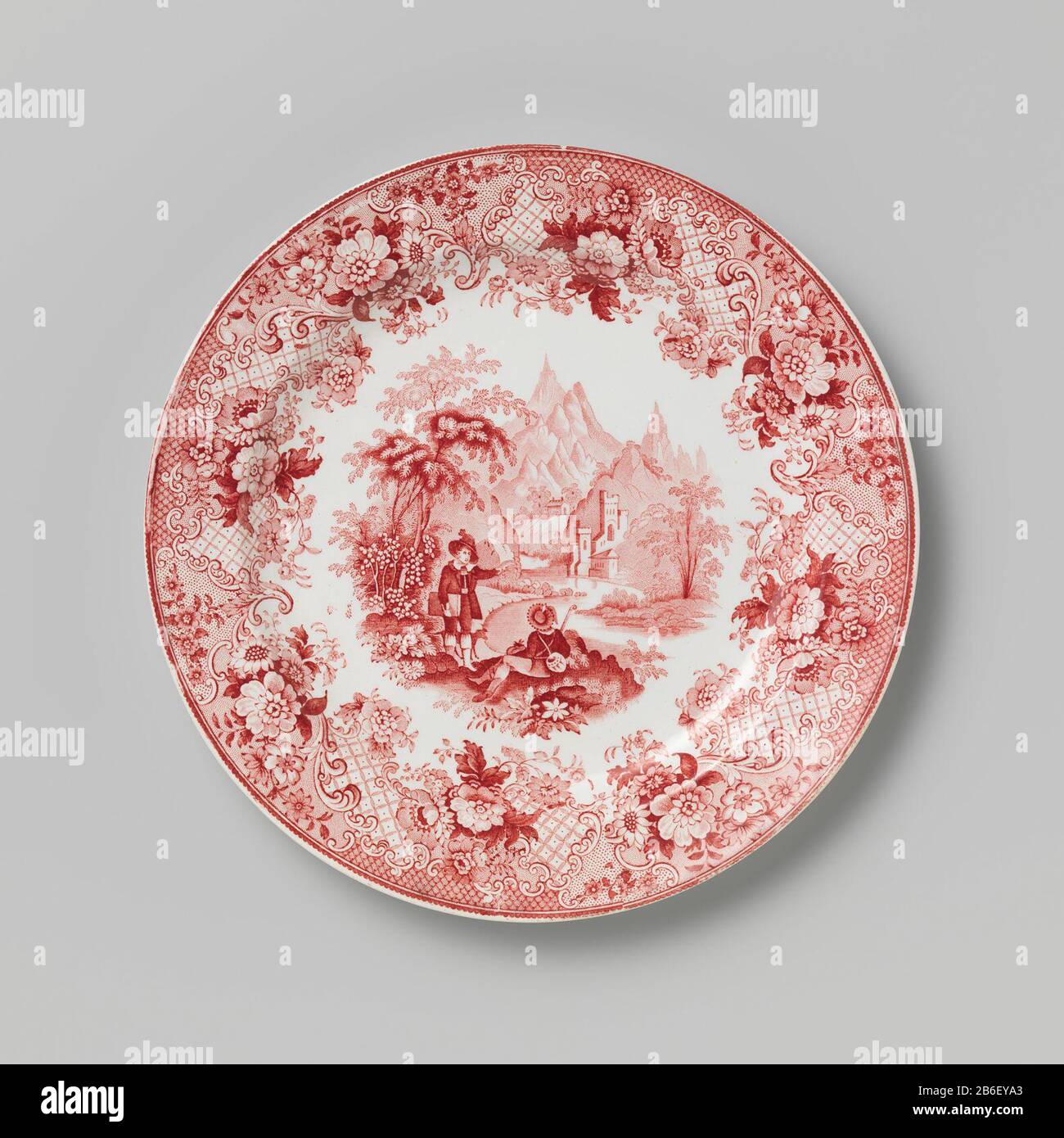 Brett, mit der flachen Bergkulisse mit zwei Personen Bord van aardewerk traf Rood Transferdecor. Het plat gedecorerd met een berglandschap met twee mensen met een hond. De Rand traf auf Blähungen, Voluten, Bladen en hekwerk. Hersteller : Petrus RegoutPlaats Herstellung: Maastricht dating: CA. 1860 - ca. 1890 Material: Engels aardewerk Techniek: Abmessungen des Transferdekors: 2 cm. × d 24,6 cm. Stockfoto