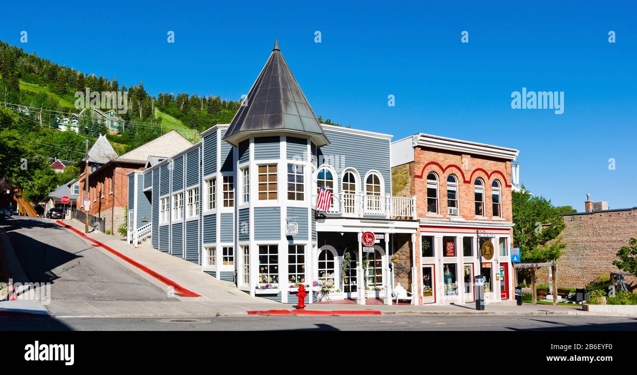 Gebäude entlang einer Straße, Main Street, Park City, Utah, USA Stockfoto