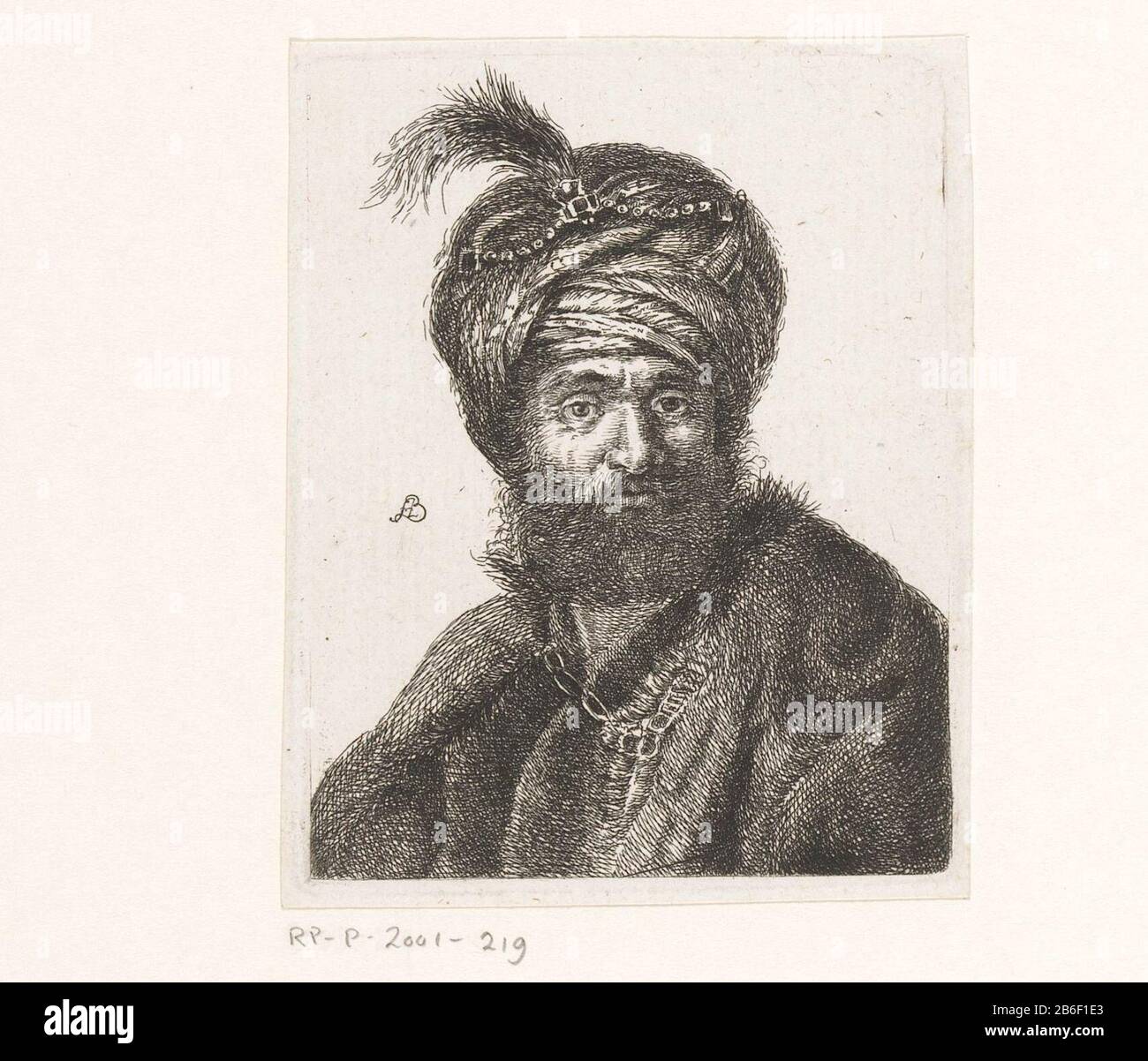 Büste eines Mannes, der eine Turbanbüste eines Mannes trägt, der einen Turbanobjekttyp trägt: Abbildung Artikelnummer: RP-P-2001-219 Aufschriften/Marken: Sammlermarke, Verso, gestempelt: Lugt 2228 Sammlermarke, Verso, gestempelt: Lugt 2760 Hersteller: Druckmaschine: Amalie Baader (auf dem Objekt aufgeführt) zum Entwurf von Rembrandt van Rijn (möglich) Herstellung: Druckmaschine: Deutschland zum Entwurf: Die Niederlande Datum: 1570-1.Ca. Physikalische Eigenschaften: Ätzmaterial: Papiertechnik: Ätzmaße: Plattenkante: H 89 mm × b 68 mm Betreff: Historische Person Stockfoto