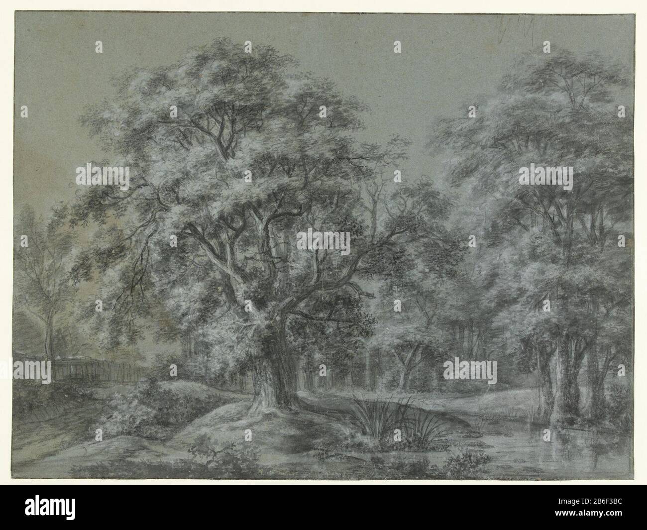 Bewaldete Landschaft mit Wasser Bewaldete Landschaft mit einem Wasserobjekttyp: Zeichnung Objektnummer: RP-T 00-757 Hersteller: Künstler Simon de Vlieger Datum: 1610 - 1653 Physikalische Merkmale: Schwarze und weiße Kreide und Bürste in Grau und Schwarz auf blauem Papier Material: Papierkreidetechnik: Pinselmaße: H 425 mm × W 566 mm Betreff: Wald, Holz Stockfoto