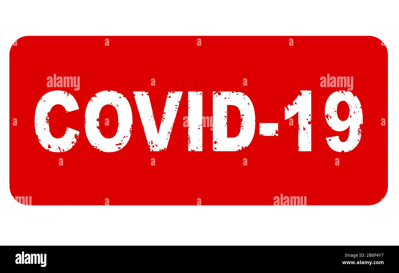 COVID-19-Coronavirus-Stempelbanner isoliert auf weißem Hintergrund. Neuartiger Corona-Virus-Ausbruch in China, die Verbreitung von Infektionen in der Welt. COVID-19 d Stockfoto