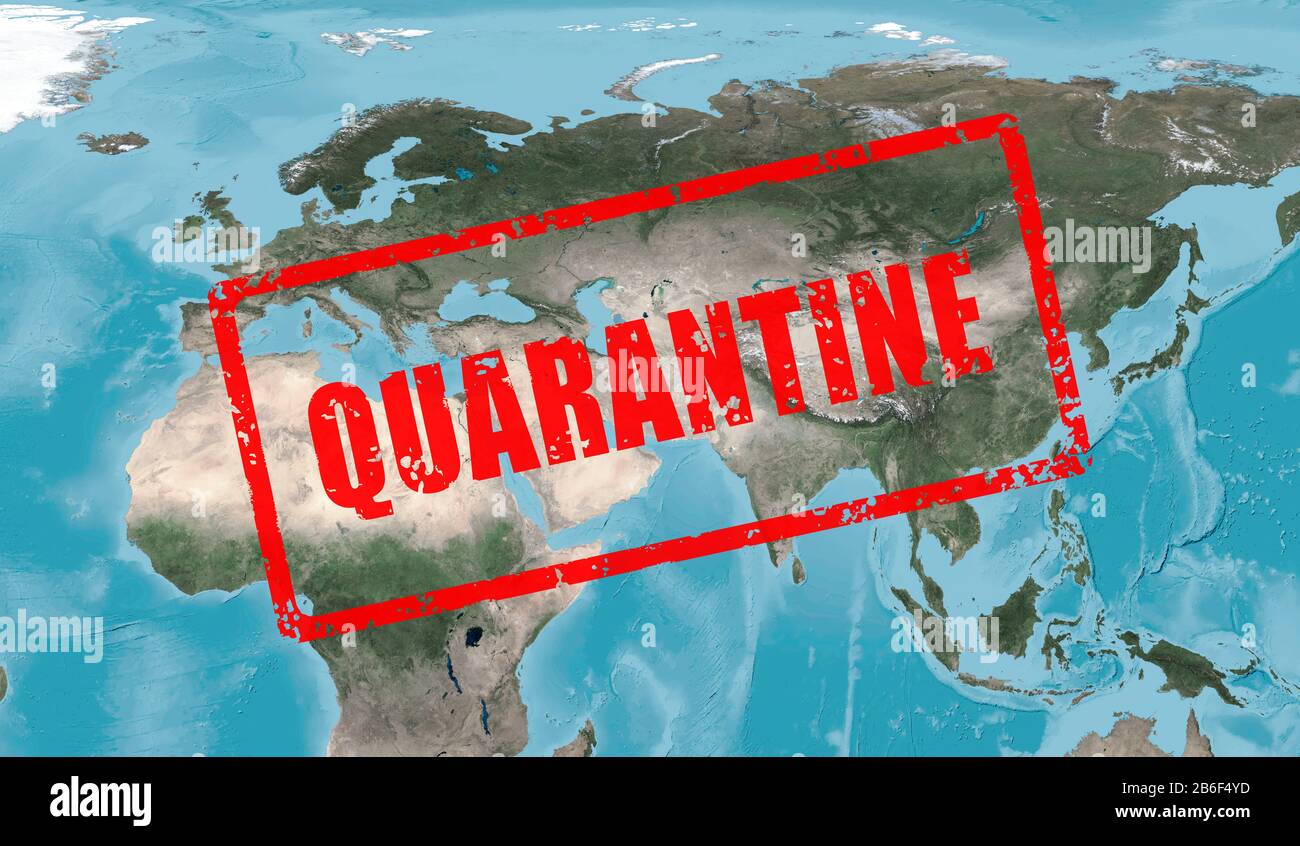 COVID-19 Coronavirus Epidemie, Stempel Quarantäne auf globaler Karte. Neuartiger Corona-Virus-Ausbruch, Verbreitung von COVID-19 in der Welt. Coronavirus Pandemic Konz Stockfoto