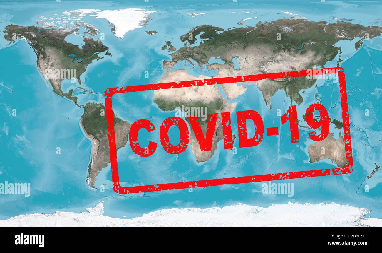 Coronavirus Epidemie, Stempel COVID-19 auf globaler Karte. Neuartiger Coronavirus-Ausbruch in China, die Verbreitung des Corona-Virus in der Welt. COVID-19 Pandemie-Co Stockfoto