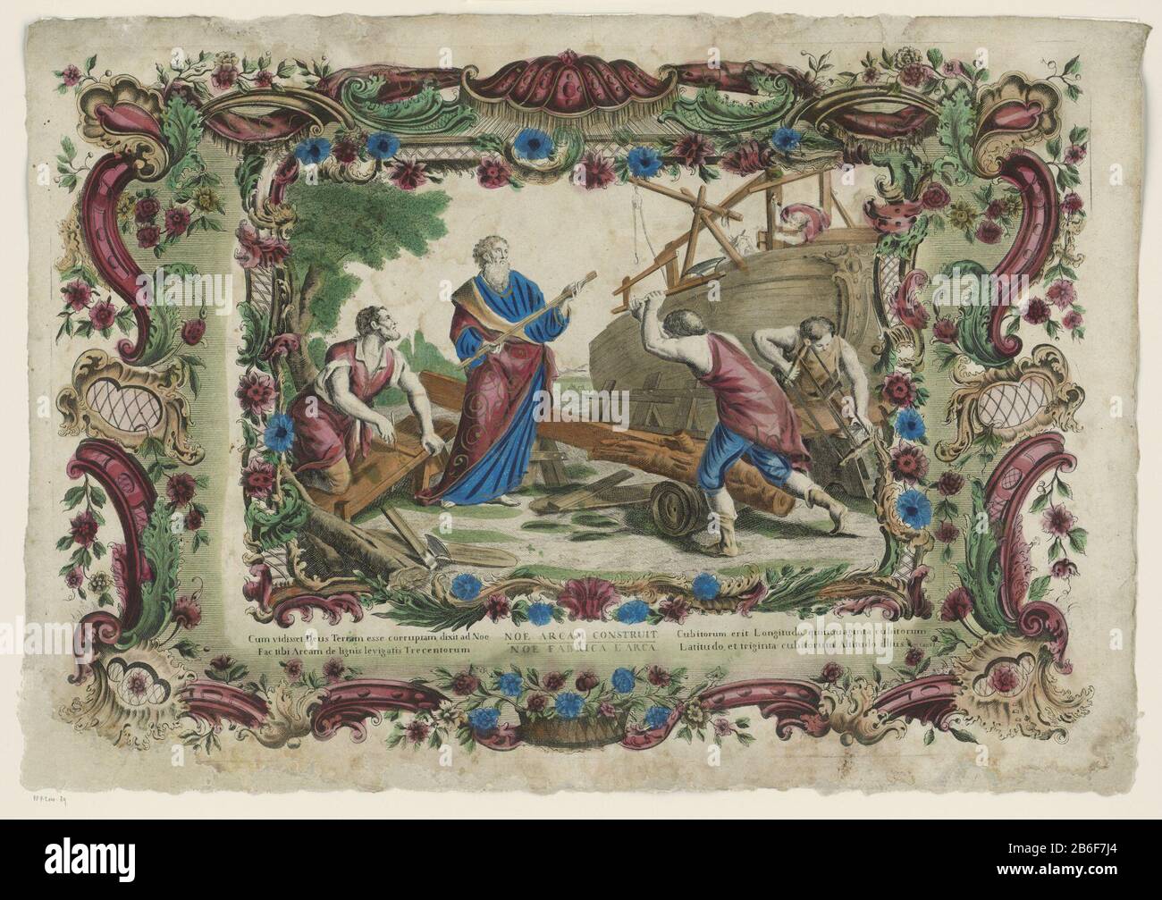 Konstruktion der Arche Noe Noe arcam construit fabrica l'arca (Titelobjekt) Noah beobachtet, wie seine Arche gebaut ist. Seine Söhne Holzhacken und Sägen. Die Arche, In Der gehämmert werden soll, steht im Hintergrund. Titel in zwei Sprachen ​​and ein Verweis auf die Bibel unter der Aufführung. Die Szene ist in einem Ornamentrand festgehalten. Hersteller : Druckerhersteller Giovanni Volpato (möglich) Verleger: Familie RemondiniPlaats Herstellung: Druckmaschine: Italien Herausgeber: Bassano del Grappa dating: 1700 - 1799 Physikalische Merkmale: Ätzung und Engras, Hand in rotem, gelbem und grünem Material eingefärbt: Papiertechnik: Engraa (Printi Stockfoto