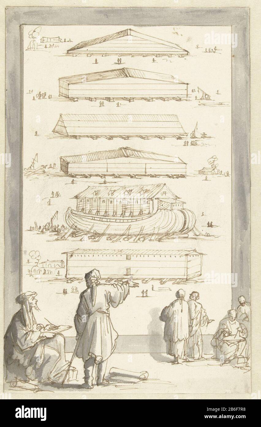 Bau von Noahs Arche Entwurf Prent. Hersteller: Künstler: Jan Luyken Datum: 1688 - 1690 Physikalische Merkmale: Stift in brauner Tinte in grauem, doorgegriffelem Material: Papiertinte Technik: Stift / Pinsel / nach griffelgroßen Abmessungen: H 281 mm × W 181 mm Betreff: Noah Bau der Arche Stockfoto