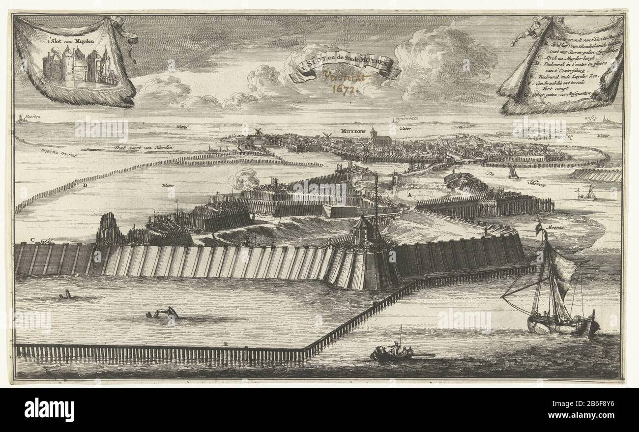 Bau von verstärktem Piling und Schloss in Muiden, 1673 t'Slot und Stadt Muyden (Titelobjekt) Bau einer Palisade und einer verstärkten Schleuse bei Muiden für die Flut gegen die Franzosen, 13. Mai 1673. Oben links ein Tuch mit dem Muiderslot, der Legende nach rechts AG. Hersteller : Druckmaschine : Cornelis Gerritsz Decker (möglich) Ort Herstellung: Nordholland Datum: 1673 Physikalische Eigenschaften: Ätzmaterial: Papiertechnik: Ätzmaße: Blatt: H 180 mm × W 298 mm Betreff: Schleuse, die weirGuerre Holland Wann: 1673-05-13 - 1673-05-13 Stockfoto