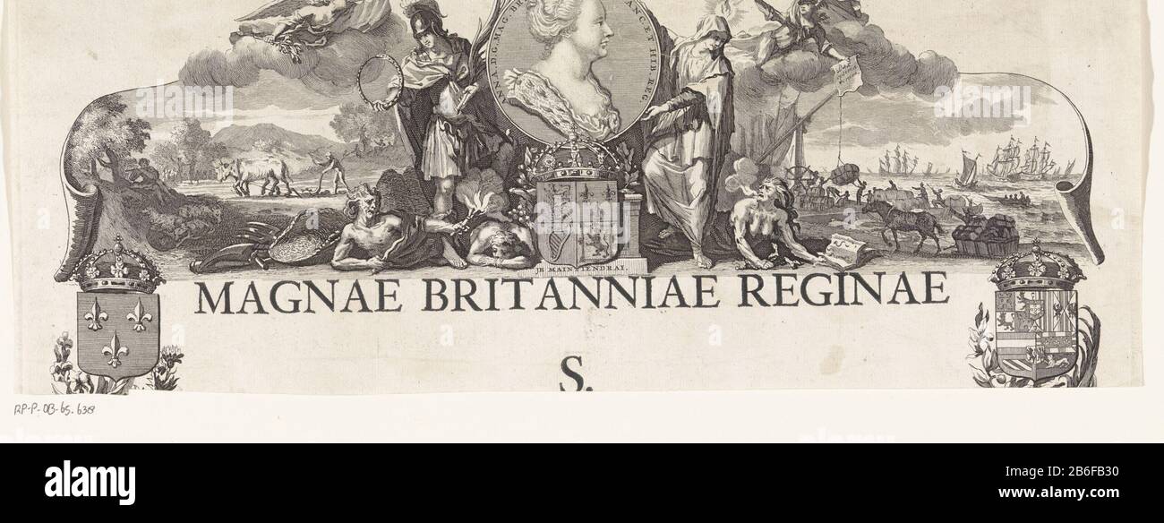 Oberes Fragment einer Allegorie zu Ehren der Königin Anne bei der Erfüllung des Utrechter Vertrages, 1713 Magnae Britanniae Reginae S () (Titelobjekt) Allegorie zu Ehren der Königin Anne und ihrer Rolle in der Achie des Utrechter Vertrages, 1713. Ganz oben auf dem Porträt der Königin Anne, inmitten von Szenen die Erholung der Landwirtschaft und des Handels mit Frieden. An den Seiten der Parteien im Oorlog. Hersteller: Druckmaschine: Matthijs Pool zum Zeichnen: Arnold Houbraken Verlag: François Halma Place Manufacturing: Druckmaschine: Amsterdam Herausgeber: Leeuwarden Datum: 1713 Physikalische Merkmale: Radierung mit Textprin Stockfoto