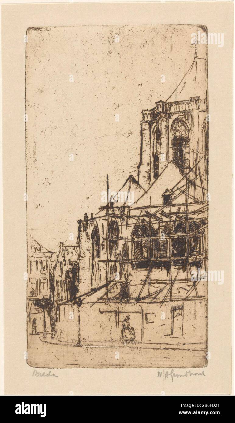Breda (Titelobjekt) Big oder Our Lady in Breda, vom Großen Markt aus gesehen. Hersteller : Druckerhersteller Willem Adrianus Ground Wood (persönlich unterzeichnet) Datum: 1888-1931 Physikalische Merkmale: Ätzung und Plattenton braunes Material: Papiertechnik: Ätzung / Plattenton Abmessungen: Plattenkante: H 178 mm × W 94 mm Betreff: Kirche (außen) Wo: Große Kirche Stockfoto