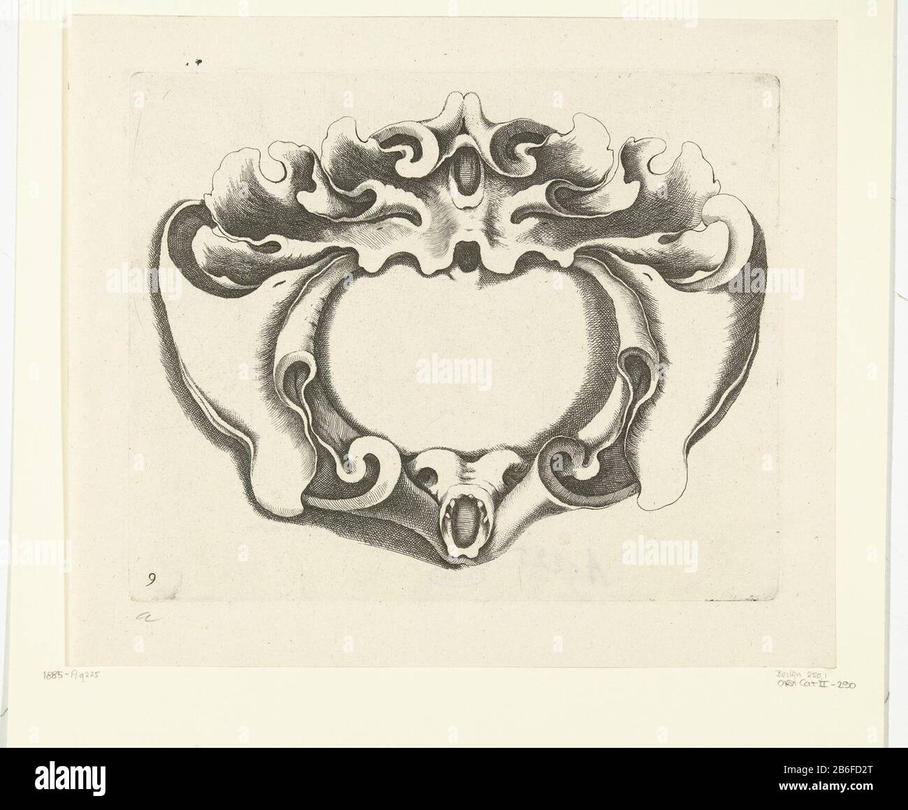 Breite Kartusche Veelderhande neue Comp Arte Mente (Serientitel) Einen kleinen Probenkopf mit ovalem Mund mit Zähnen Hinunter. Herstellung Vervaardiger: Druckhersteller: Jacob Lutmanaar Design: Johannes Lutma (1584-1669) Herausgeber: Friedrich der WitPlaats Herstellung: Amsterdam dating: CA. 1654 - ca. 1678 Material: Papiertechnik: Ätzmaße: Plattenkante: H 180 mm × W 222 mm Betreff: Schmuck  Kartusche Stockfoto