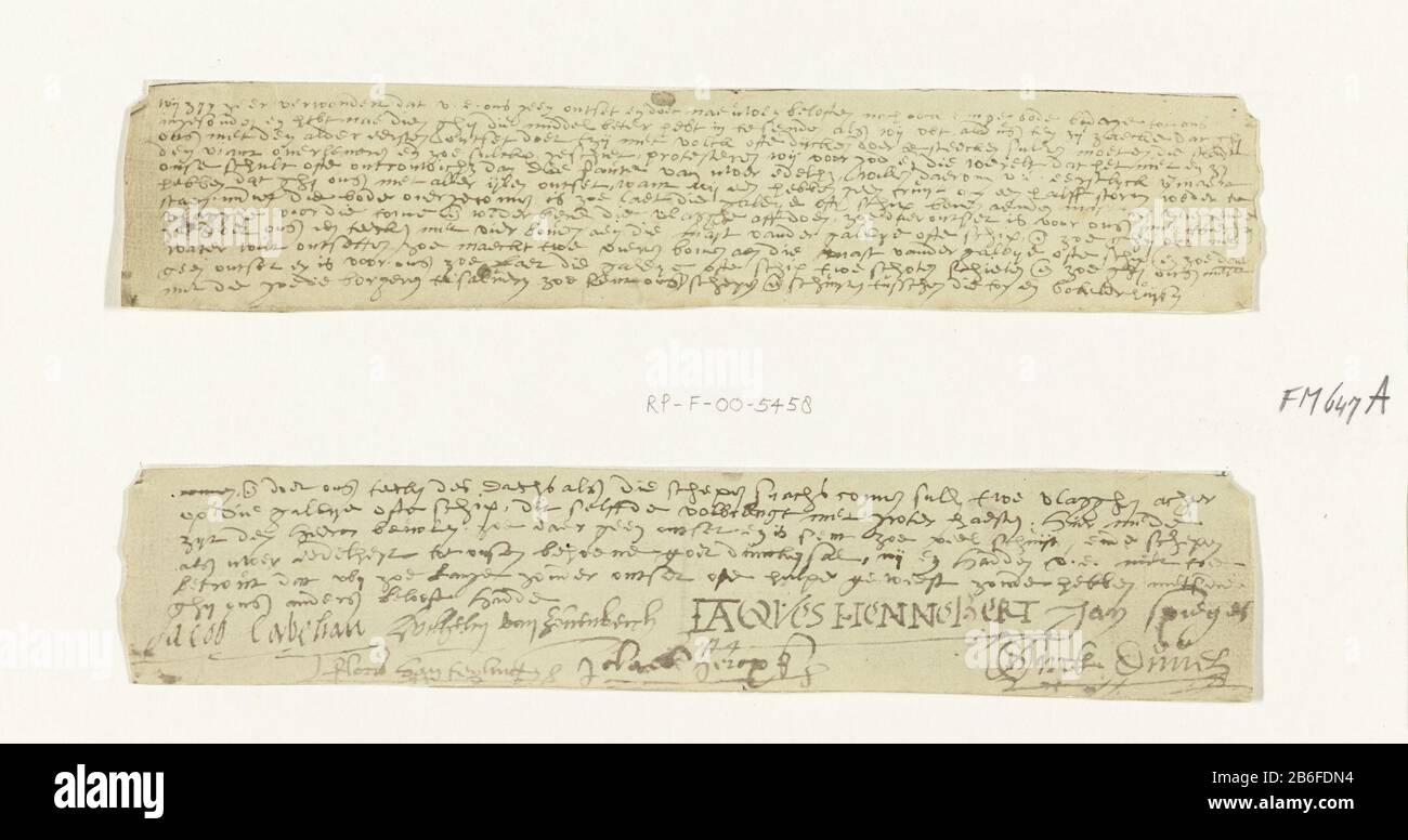 Anm. von Cabeljau und anderen Alkmaar an den Prinzen von Orange mit Bitte um Beistand, 1573 Brief von Cabeljau und anderen Alkmaar an den Fürsten von Orange mit der Bitte, die Stadt zu entlasten, 1573. Unterzeichnet mit den Namen Jacob Cabeliau, Wilhelm Sun [n] Enberch, Jaques Hennebert, John Spiegel, Dirck Duvel, Floris van Teijlingen und Johan Claes oder Hercxsz. Zwei identische Kopien des Fotos auf Vorder- und Rückseite. Mit dieser Transkription des Textes auf Vorder- und Rückseite zwei Stücke Papier. Hersteller : Fotograf: J. de Haas (Fotograf) Ort Herstellung: Alkmaar Datum: 12898989898989898989898989898 Stockfoto