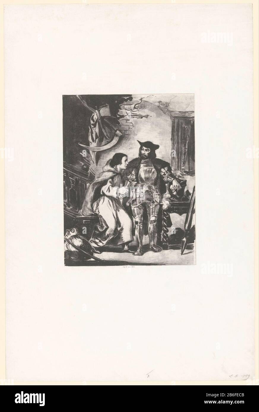 Bruder Martin stellte Götz seine eiserne Hand aanFrère Martin Serrant la main de fer den GoetzGötz von Berlichingen (Serientitel) Goetz die Berlichingen (Serientitel) Immobilientyp: Print Seriennummer: 1 / 7Objectnummer: RP-P-1953-482Katalogogusreferentie: IFF après 1800 78Delteil 19-2 (2) Markierungen / Marken: Gestempelt: Sammlermarke: Lugt 2228A Sammlermarke, verziert: Lugt 2760 Hersteller: Druckmaschine Eugène Delacroix Herausgeber: Victor Jacques Bertauts (börsennotiertes Eigentum) Ort Herstellung: Paris Datum: In oder nach dem Jahr 186 - in oder vor dem Jahr, in dem das Material: Papierkochenkollé Technik: Stockfoto