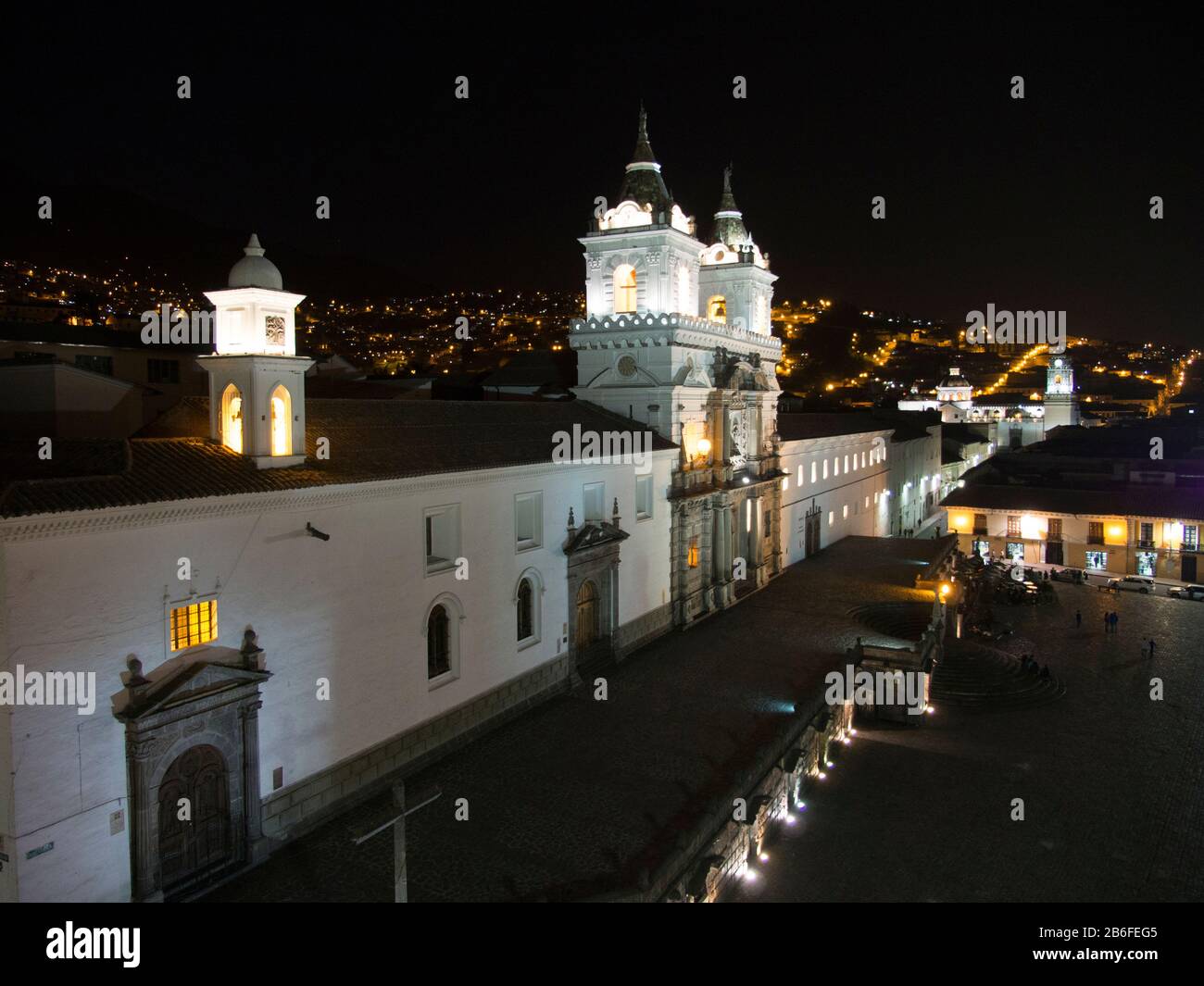 Convento de San Francisco in der Nacht, Casa Gangotena, Quito, Ecuador Stockfoto