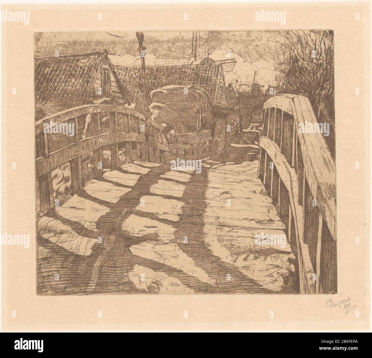 Baarsjes Brücke in Amsterdam EINE Holzbrücke, Wo: Brückengeländer einen Schatten auf das Deck werfen. Im Hintergrund Häuser und zwei Molen. Hersteller : Druckerhersteller Pieter Dupont (persönlich signiert) Ort Herstellung: Amsterdam Datum: 1895 Physikalische Merkmale: Zinkets und Plattenton braunes Material: Papiertechnik: Zinkette / Plattentonabmessungen: Plattenkante: H 160 mm × W 183 mm Betreff: Stadtbilder und Landschaften mit Brückenkonstruktionen, bei denen Menschen schwebt Stockfoto