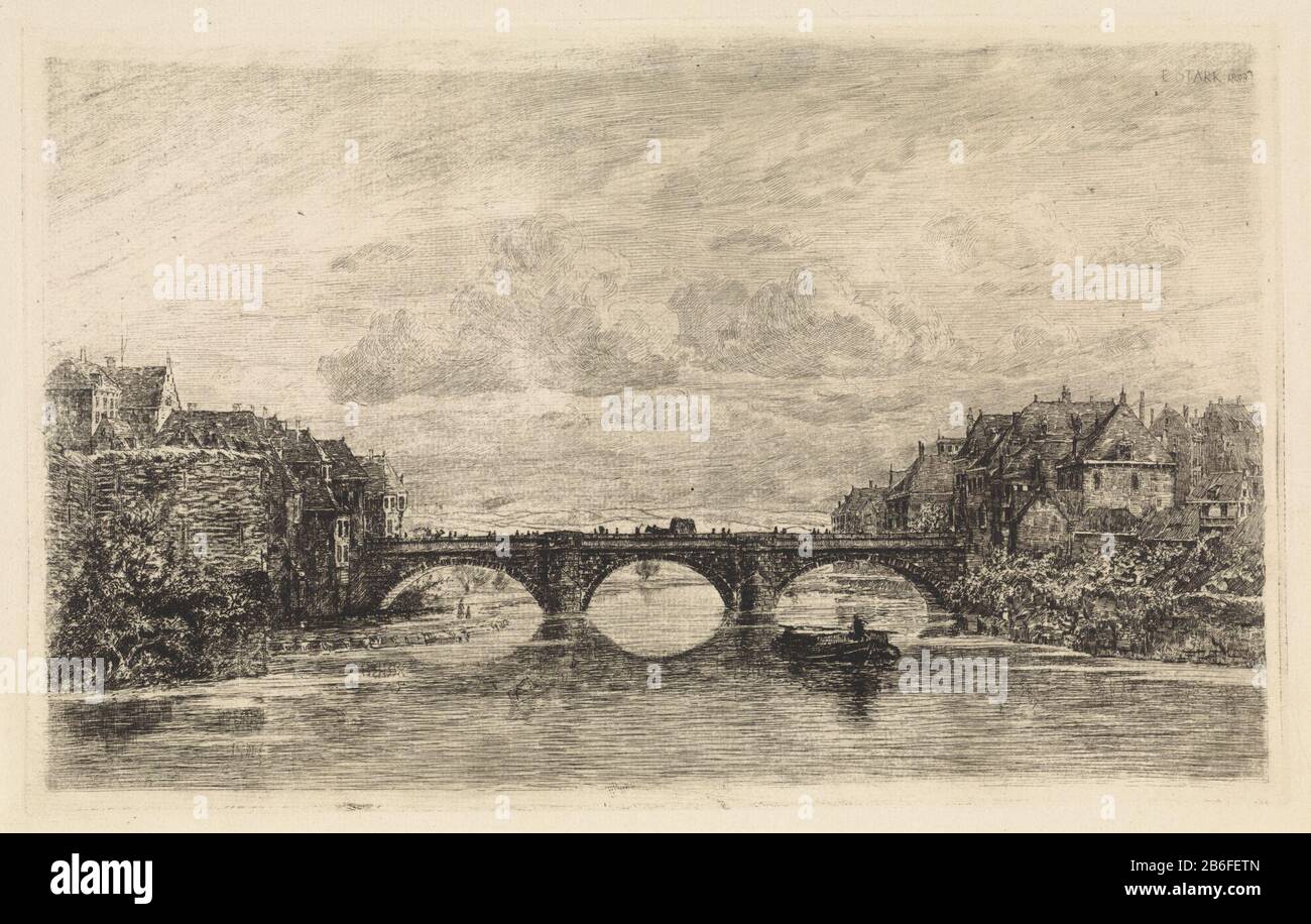 Brücke über die Fulda, Kassel die Brücke über den Fluss Kassel. Hersteller Fulda: Druckerhersteller Elias stark (Listed Property) Ort Herstellung: Kassel Datum: 24.02.1888 Physikalische Merkmale: Radierung und Aquatintmaterial: Papiertechnik: Radierung / Aquatinta Abmessungen: Plattenkante: H 203 mm × W 321 mm Betreff: In der Stadtbrücke über Fluss, Kanal usw. Stockfoto