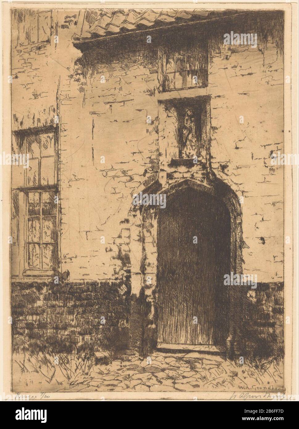 Brügge (Originaltitel auf dem Objekt) EIN Tor eines Hauses in der Beguine in Brügges. Über dem Tor ein Bild in einem nis. Hersteller : Druckmaschine: Willem Adrianus Ground Wood (persönlich handlich signiert) Datum: 1888-1934 Physikalische Eigenschaften: Ätzung und Plattenton in braunem Material: Papiertechnik: Ätzung / Plattentonmessungen: Plattenkante: H 249 mm × W 180 mm Betreff: Tor, Eintrittsstück der Skulptur, Reproduktion eines Bildbaustücks, das: Beguine Stockfoto