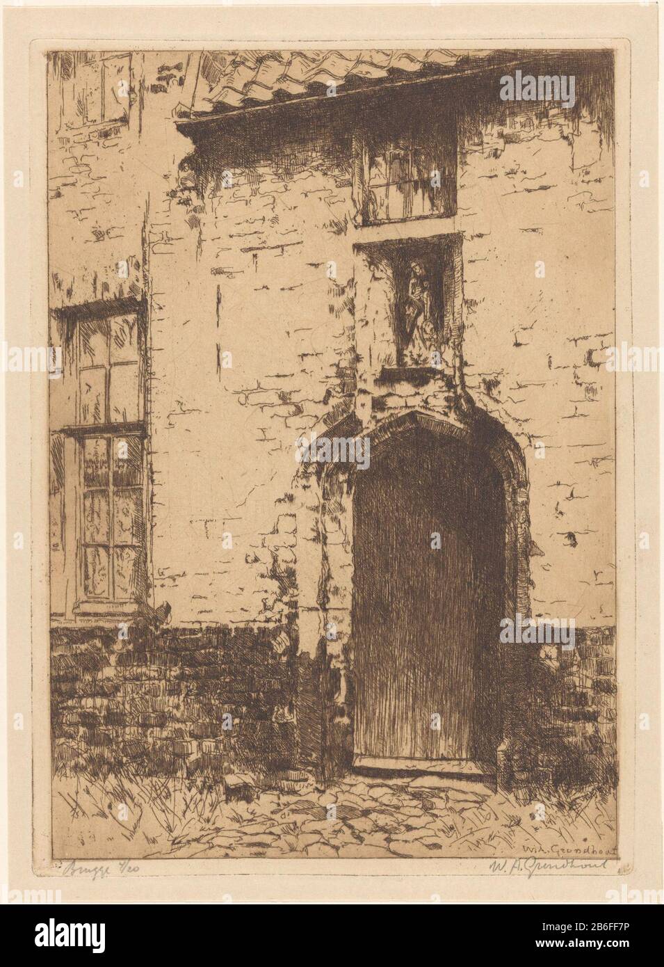 Brügge (Originaltitel am Objekt) EIN Tor eines Hauses im Begijnhof in Brüggen. Über dem Tor ein Bild in einem nis. Hersteller : Druckmaschine: Willem Adrianus Ground Wood (persönlich handlich signiert) Datum: 1888-1931 Physikalische Merkmale: Etch- und Plattenton in braunem Material: Papiertechnik: Radierung / Plattentonmessungen: Plattenkante: H 249 mm × W 180 mm Betreff: Tor, Eintrittsstück der Skulptur, Reproduktion eines Bildbaustücks, das: Beguine Stockfoto