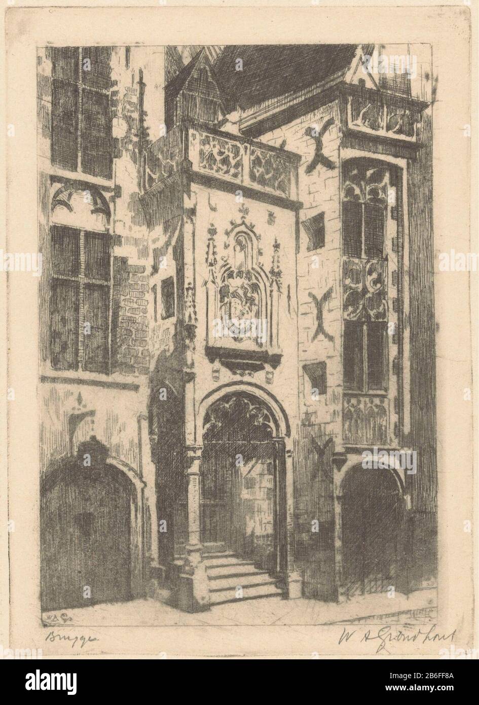 Brügge (Originaltitel auf dem Objekt) Das Portal von gebouw. Hersteller : Druckerhersteller Willem Adrianus Ground Wood (persönlich handlich signiert) Datum: 1888-1934 Material: Papiertechnik: Radierung / Plattentonmessungen: Plattenkante: H 170 mm × W 122 mm Betreff: Windmühle wo: Bruggge Stockfoto