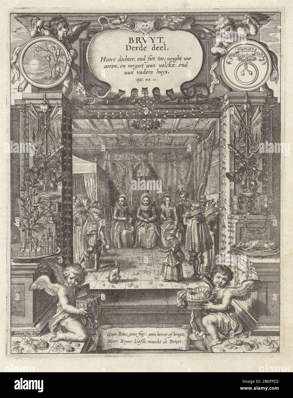 Bride während ihrer Hochzeitsfeier Titelseite für J Cats, Houwelyck, 1625 eine von zwei Frauen umrahmt, die während ihrer Hochzeit auf einem Stuhl sitzt. Im Innenraum sind weitere Männer und Frauen sowie ein Kind. Auf dem Boden Blumen. Im Vordergrund zwei Putten, einer mit einem Korb mit Spitze und der andere mit einer Schachtel Juwelen. Zwischen ihnen in einem Band mit einem Text, der darauf hinweist, dass nur wahre Liebe eine Ehe macht, nicht Schmuck, Ring oder andere uiterlijkheden. Hersteller : zur Gestaltung: Adriaen Pietersz. Der Vennep Mieter Autor: Anonymer Schriftsteller Jacob Cats (1577-1660) Herausgeber: Witwe Jan Pietersz. Der Venne Place manufaktie Stockfoto