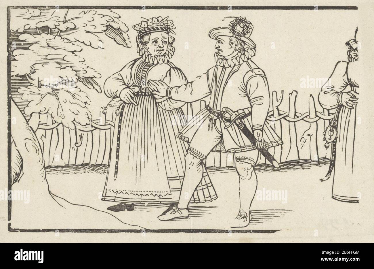 Bruidspaar Die Frau und der Bräutigam schütteln die Hände. Im Hintergrund eine Frau in einem Hekwerk. Hersteller: Druckmaschine: Anonymer Ort Herstellung: Niederlande Datum: 1600 - 1699 Physische Merkmale: Holzschnittmaterial: Papiertechnik: Holzschnitt Abmessungen: Blatt: H 308 mm × W 382 mm Betreff: Brautkleid im Hochzeitskleid Stockfoto
