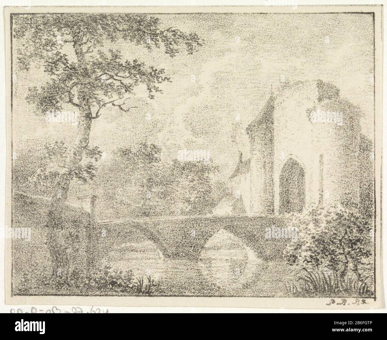 Schloss mit Brücke in einer Landschaft Unter der Brücke fließt das Wasser durch zwei Kreisbögen. Links im Vordergrund ein Ausleger. Hersteller: Druckerhersteller Pieter Bartholomeusz. Barbiers (Listed Property) Herstellung: Haarlem dating: 1809 - 1837 Physikalische Merkmale: Lithographisches Material: Papiertechnik: Lithographie (Technik) Abmessungen: Blatt: H 100 mm × W 123 mm Betreff: Landschaft mit Turm oder Schloss Stockfoto