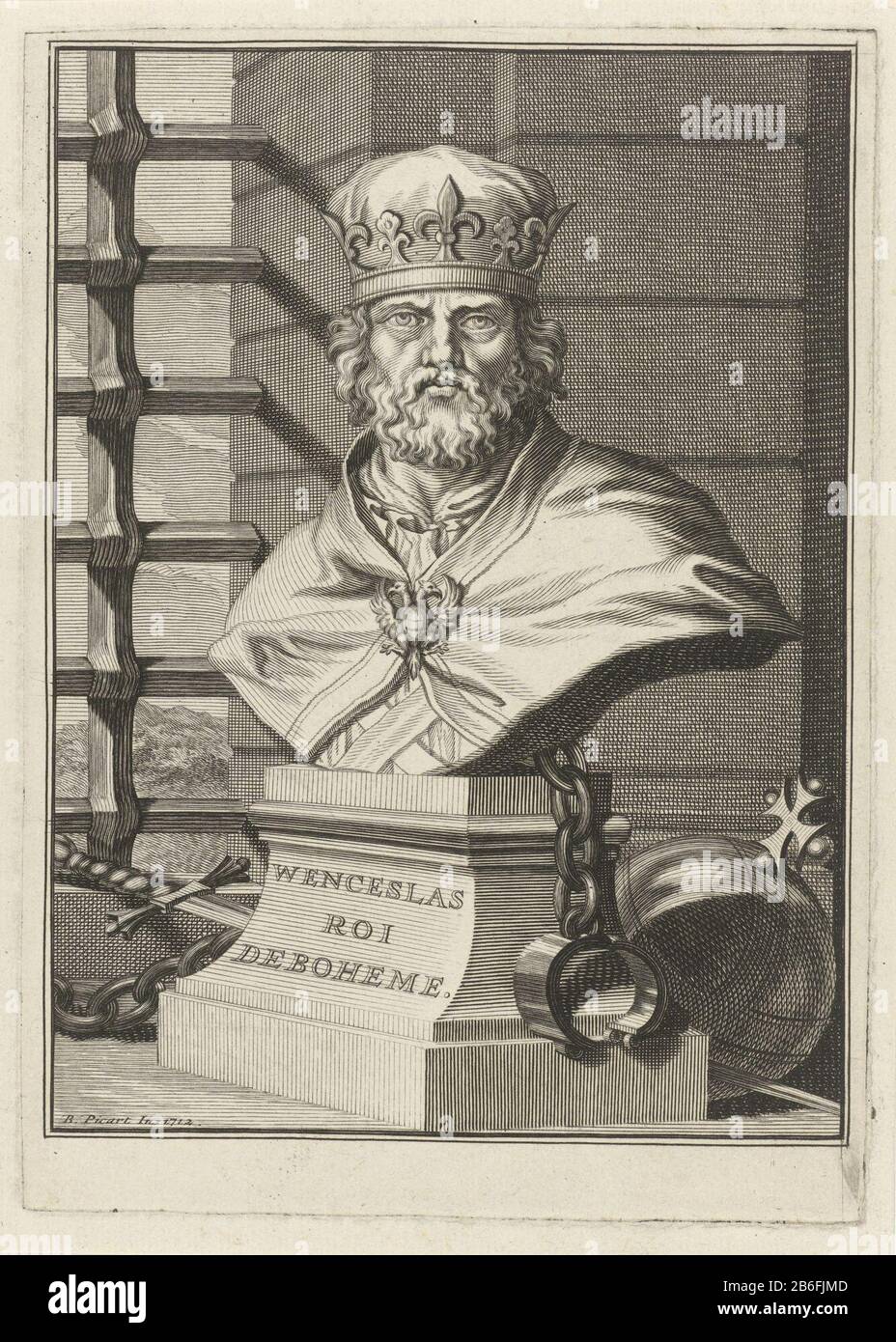 Büste Wenceslaus von Böhmen Büste Wenceslaus, König von Böhmen. Auf seinem Mantel das Zeichen des Weissen Adler-Orden. Hinter der Büste ein Rijksappel. Hersteller : Druckmaschine: Bernard Picart (Studio) zu einem Entwurf von: Bernard Picart (auf dem Objekt angegeben) Ort Herstellung: Amsterdam Datum: 1712 Physikalische Eigenschaften: Ätzungs- und Engra-Material: Papiertechnik: Ätzung/Engra-Messungen (Druckverfahren) Maße: Plattenkante: H 205 mm × W 147 mmToelichtPrent auch als Illustration verwendet in: Lenfant, Jacques. Histoire du Concile Constance. Paris: Pierre Humbert, 1727. Betreff: Orb (Symbol für Sovere Stockfoto