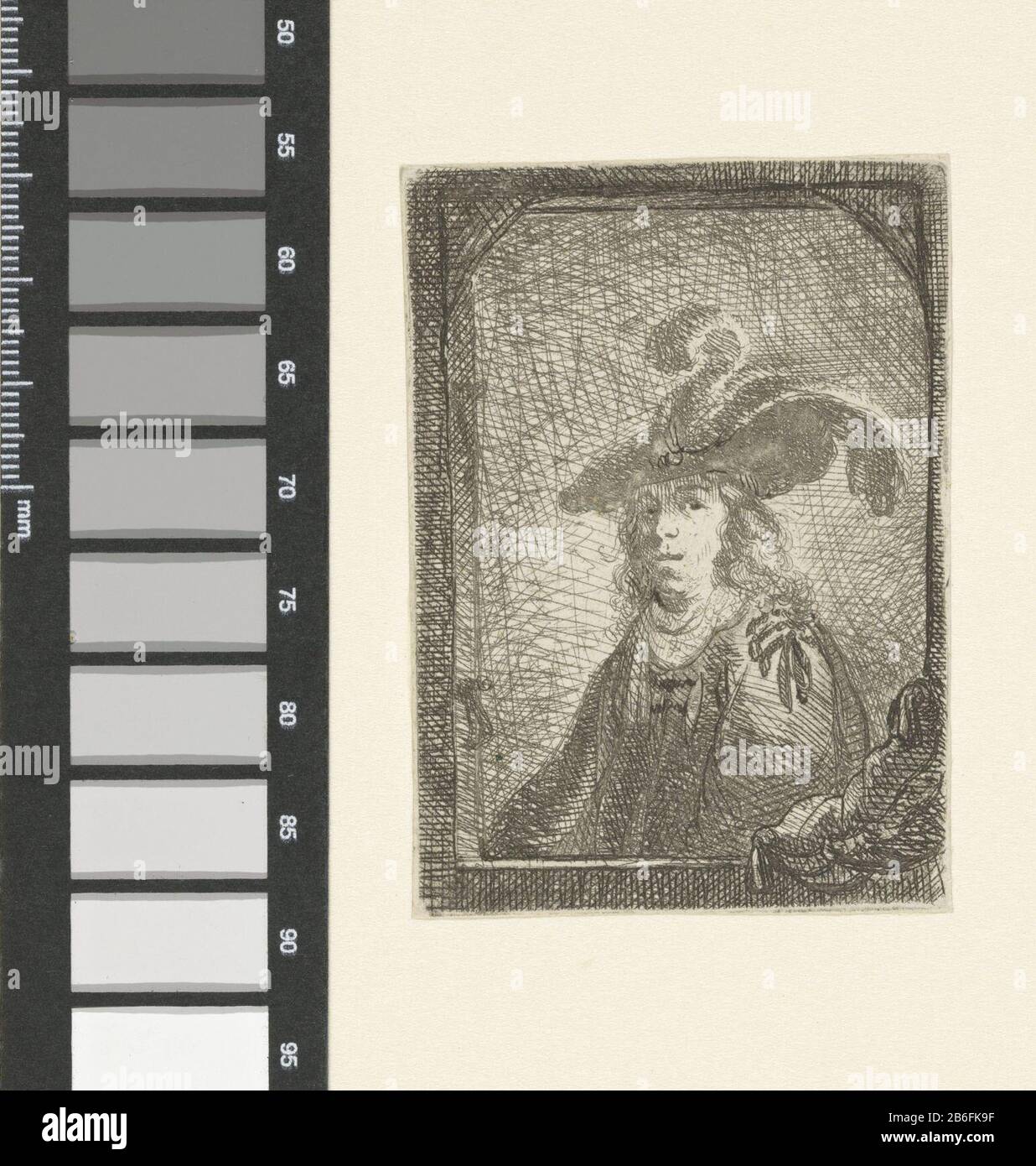 Büste eines Mannes mit gefiedertem Hut Buste van een jongeman met een hoed met twee veren, binnen een omlijsting Hersteller : prentmaker: Samuel van Hoogstraten (toegeschreven aan)prentmaker: Pieter Cornelisz. Verbeeck (toegeschreven aan)prentmaker: Rembrandt van Rijn (verworpen toeschrij)Plaats Herstellung: Nederland dating: 1630 - 1678 Physikalische Kenmerken: ETS Material: Papier Techniek: Etsen Abmessungen: Blad: H 72 mm × b 53 mm Betreff: Jugendliche, junge Frau, Mädchen Stockfoto