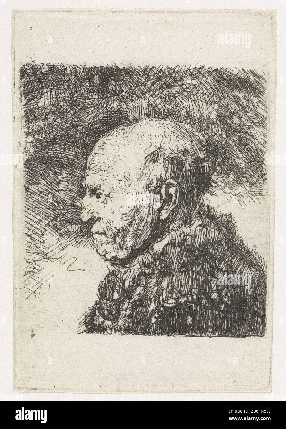 Büste des kahlen alten Mannes, der kahlköpfig alt ist, auch als Vater von Rembrandt genoemd bekannt. Hersteller: Druckmaschine: Anonym bei Rembrandt van Rijn Druckstelle Herstellung: Niederlande Datum: 1630 - 1700 Physikalische Merkmale: Ätzmaterial: Papiertechnik: Ätzmaße: Plattenkante: H 103 mm × W 70 mmToelichtKopie zum gleichen Druck von Rembrandt (292 bar). Der erste Dreierstaat (Münz 1952) könnte ebenfalls der erste Zweierstaat sein. Botke, K. Betreff: Alter Mann (+ Seitenansicht, Profil) Stockfoto