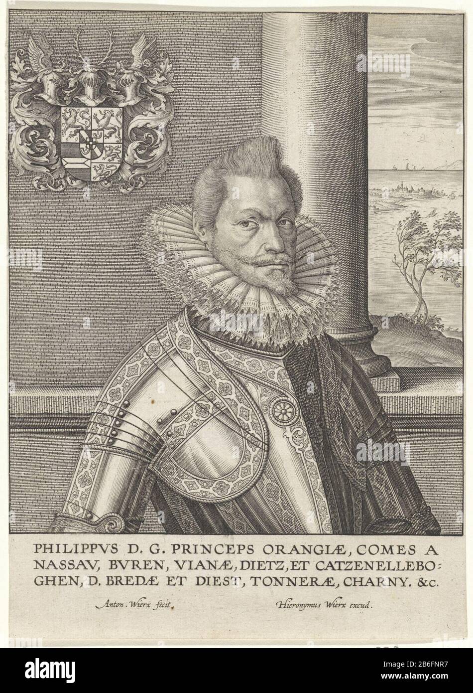 Büstenporträt von Philip William, Prince of Orange, Trägt Er einen Tragegurt. Links oben seine Arme. Im Hintergrund durch das Fenster ein Blick auf das Meer. Am Rand eine dreizeilige Unterschrift in Latijn. Hersteller : Druckmaschine Antonie Wer: Rix (II) (denkmalgeschütztes Gebäude) Herausgeber: Hieronymus Wierix (denkmalgeschütztes Eigentum) Herstellung: Antwerpen Datum: 1565 - Merkmale 1604 Physikalisch: Fahrzeugmaterial: Papiertechnik: Engra (Druckverfahren) Abmessungen: Blatt: H 211 mm × W 153 mm Betreff: Waffenlager, HeraldryarmourWieFilips William (Fürst von Orange) Stockfoto