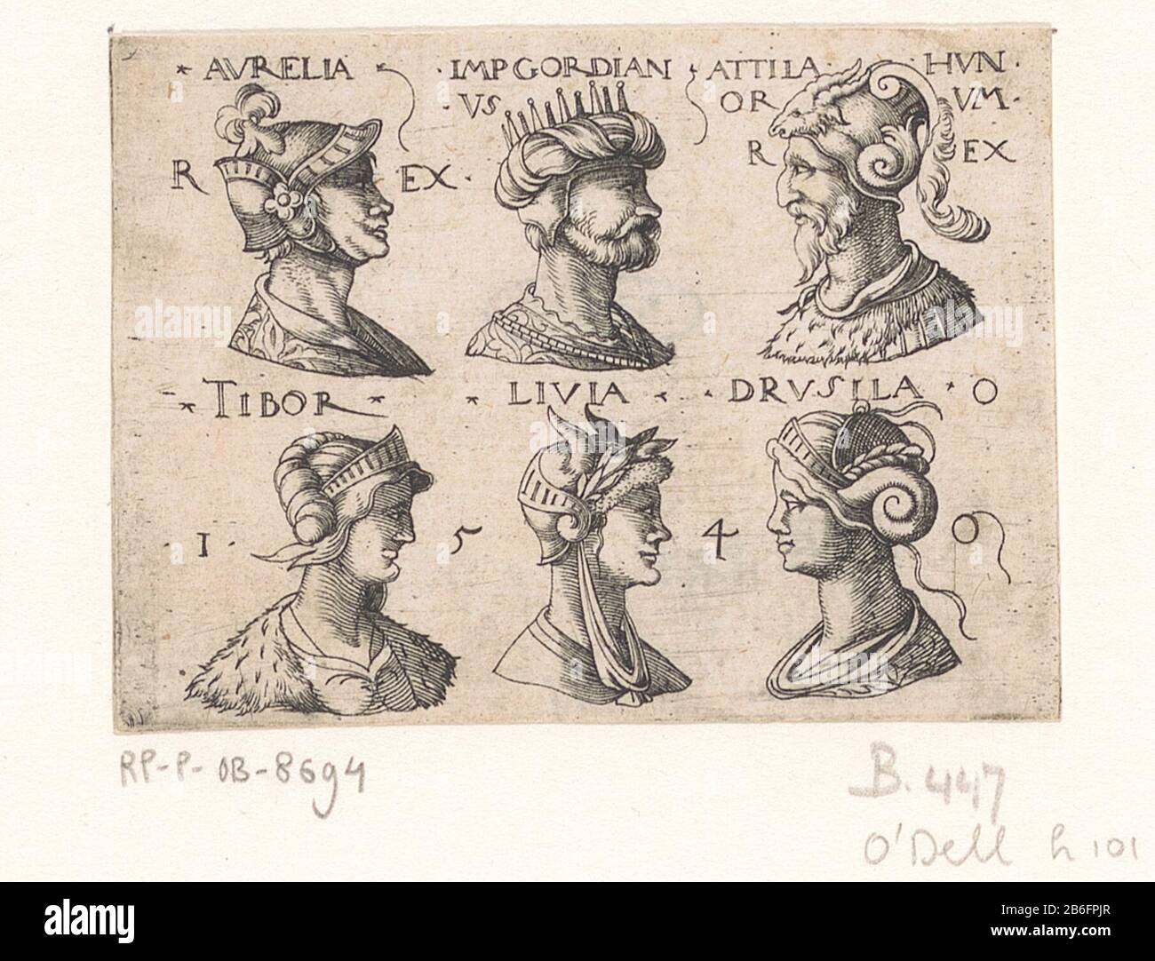 Büsten von historischen Persönlichkeiten aus der Antike Bustes van historische figuren uit de oudheid Objektart: Prent Objectnummer: RP-P-ob-8694Catalogusreferentie: Hollstein German 343 Inscriptions / Merken: Sammlermarke , Verso, gestempelt: Lugt 2228numer, verso, handgeschreven in Virgilius: Hersteller: Neupinkeld ist: Hersteller von Objekten: 1540 Material: Papier Techniek: Graveren (Drukproceé) / etsen / Zopfmuster Abmessungen: Blad: H 56 mm (binnen Zopflaster) × b 76 mm (binnen Zopflaster) Betreff: Brust, Scheffel Stockfoto