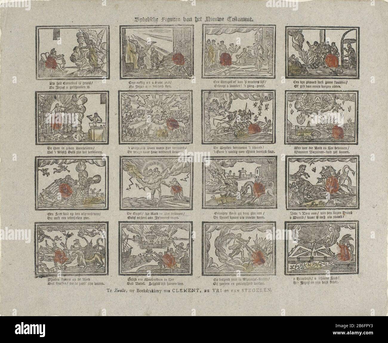 Bybel Sche Figuren des neuen Testaments (Titelobjekt) Blatt mit 16 Aufführungen aus der Offenbarung im neuen Testamente, wo: Unter den Horsten der Apokalypse und den sieben Kerzenleuchtern. Zeigen Sie unter jedem ein zweizeilige Vers. Hersteller : Verlag: De fr & Van Stegern Clement (denkmalgeschütztes Gebäude) Druckmaschine: Anonymer Ort Herstellung: Zwolle Datum: 163-186 Physische Merkmale: In Gelb und Rot gefärbter Holzschnitt; Textdruckmaterial: Papiertechnik: Holzschnitt / Farben / Druckformate: Blatt: H 327 mm × W 405 mm Betreff: Die neue Offenbarung des Johannes, die Apokalypse Stockfoto