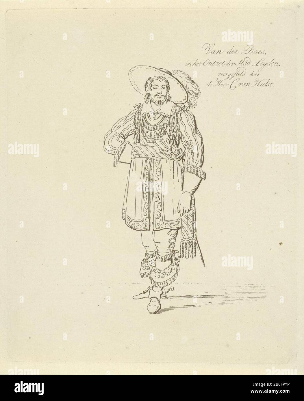 C of Hulst in der Rolle des Van der Tut Van der, im Relieve of the City of Leyden, () (Titelobjekt) Schauspieler und Schauspielerinnen in verschiedenen Rollen (Serientitel) Schauspieler C. Holly, gekleidet in Fantasy-Kostüm mit weit umkrempeltem Hut. Drucken Sie aus einer Serie von zehn mit niederländischen Schauspielern und Schauspielerinnen in verschiedenen Rollen. Hersteller : Druckmaschine, John JelgerhuisPlaats Herstellung: Amsterdam Datum: 1805 - 186 Physikalische Eigenschaften: Radierung in braunem Material: Papiertechnik: Radierung / Farbmessungen: Plattenkante: H 212 mm × W 174 mm Betreff: Schauspieler (auf der Bühne) Wer: C. van Hulst Stockfoto